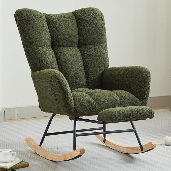Nursery Rocking Chair, Teddy Upholstered Glider Chair with Footrest