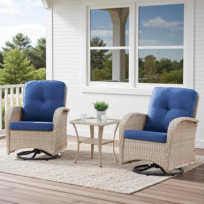 Wicker Swivel Rocker Patio Chairs, Outdoor Swivel Rocking Chairs Set of 2 with Side Table