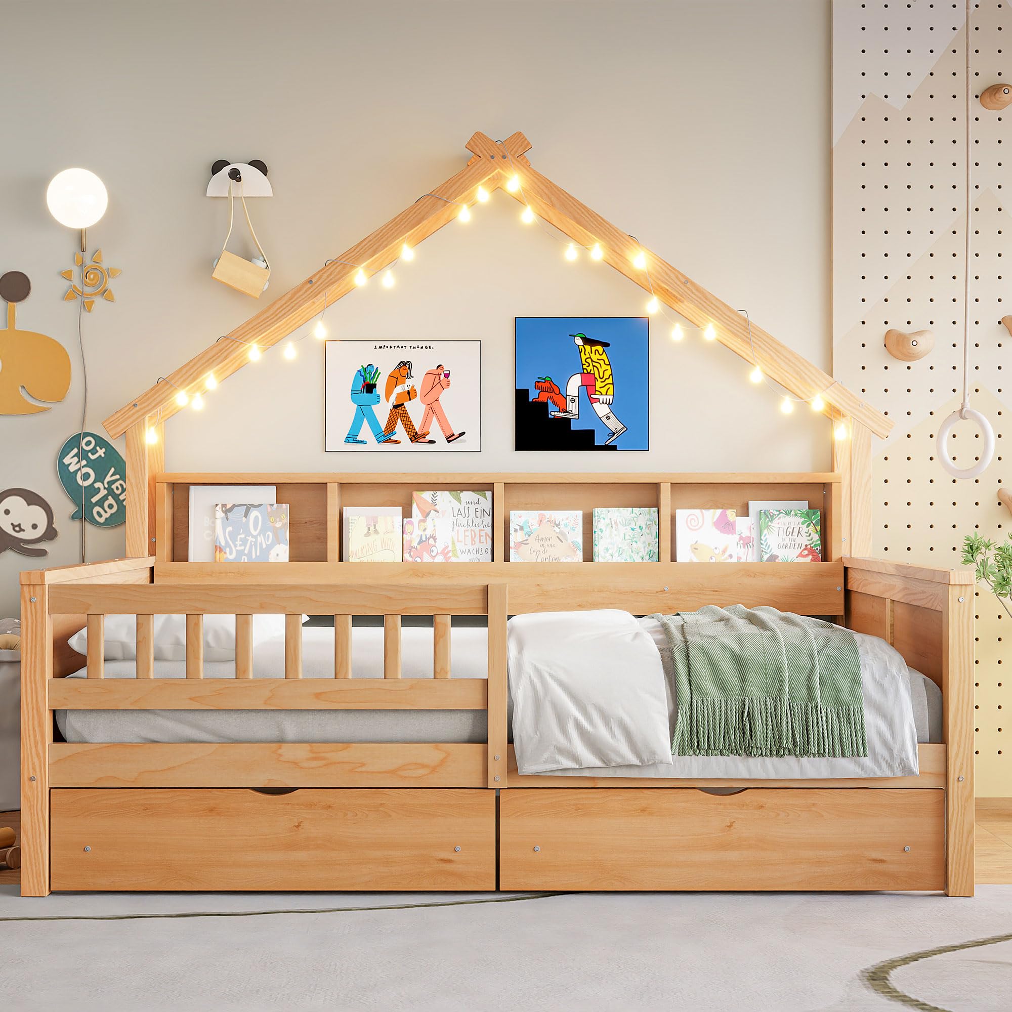 Full Size House Bed with LED Lights and Drawers Wood House Platform Beds