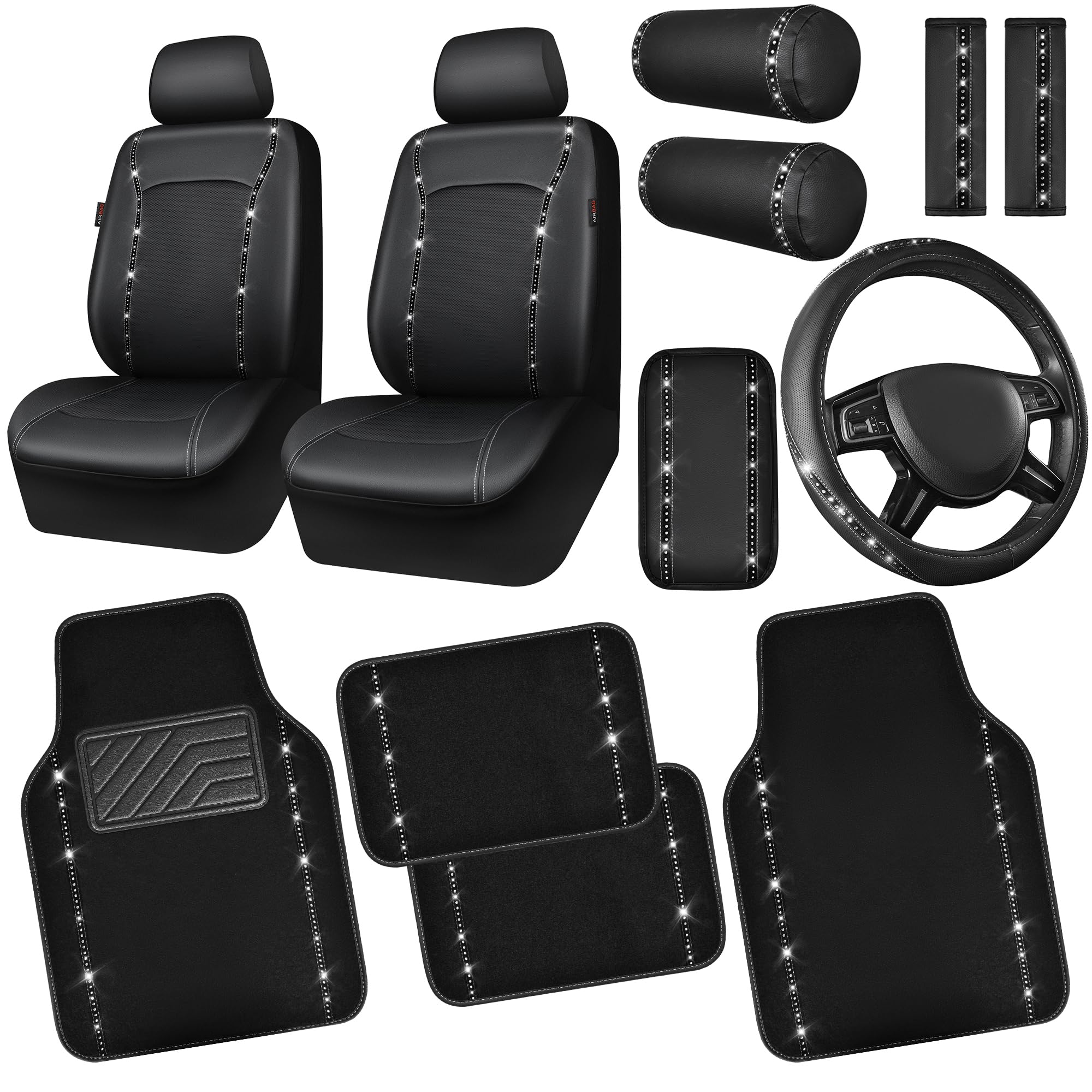 14 PCS Bling Diamond Car Accessories Set for Women, Leather Seat Covers