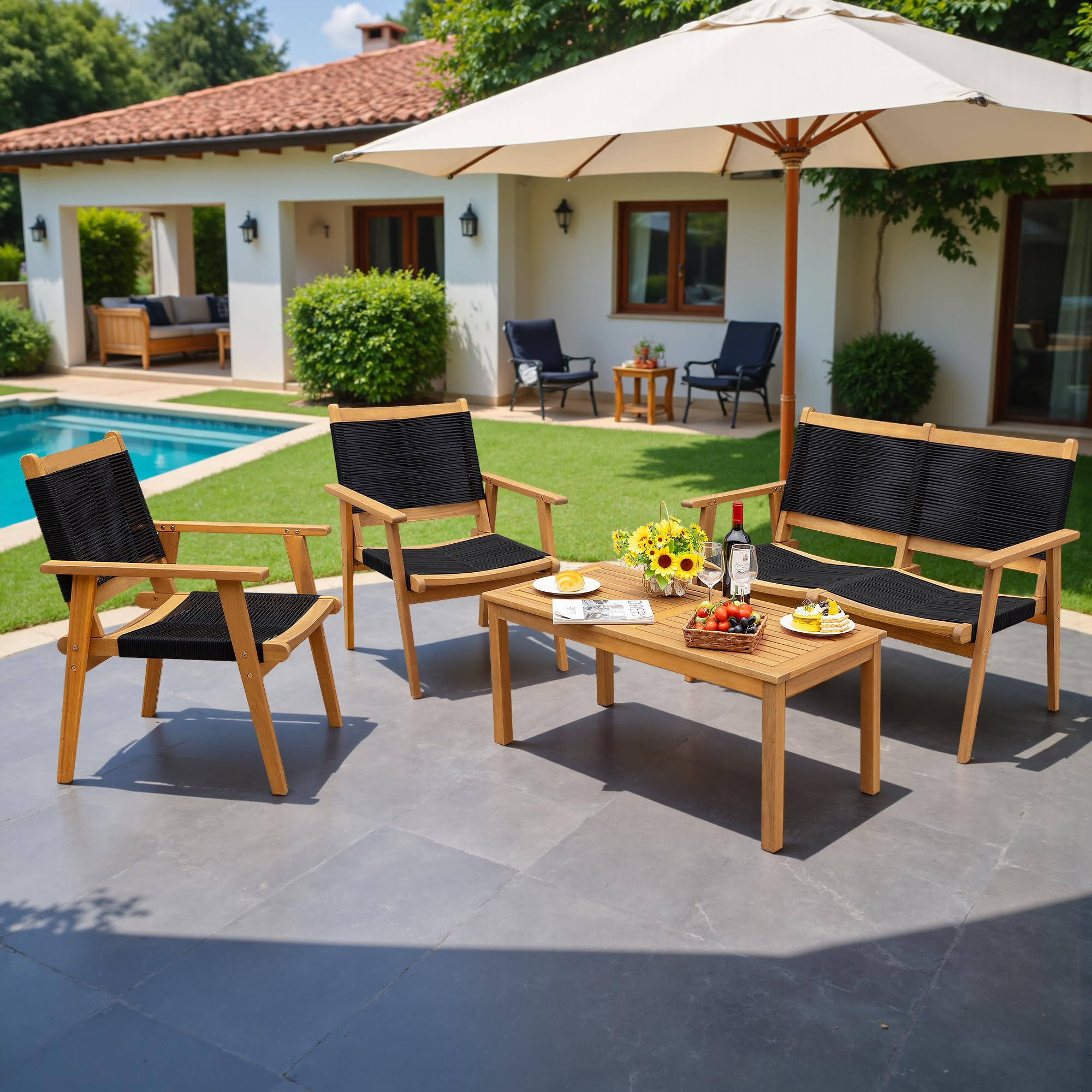 Outdoor Patio Furniture Sets Acacia Conversation Set Rope Woven Chairs