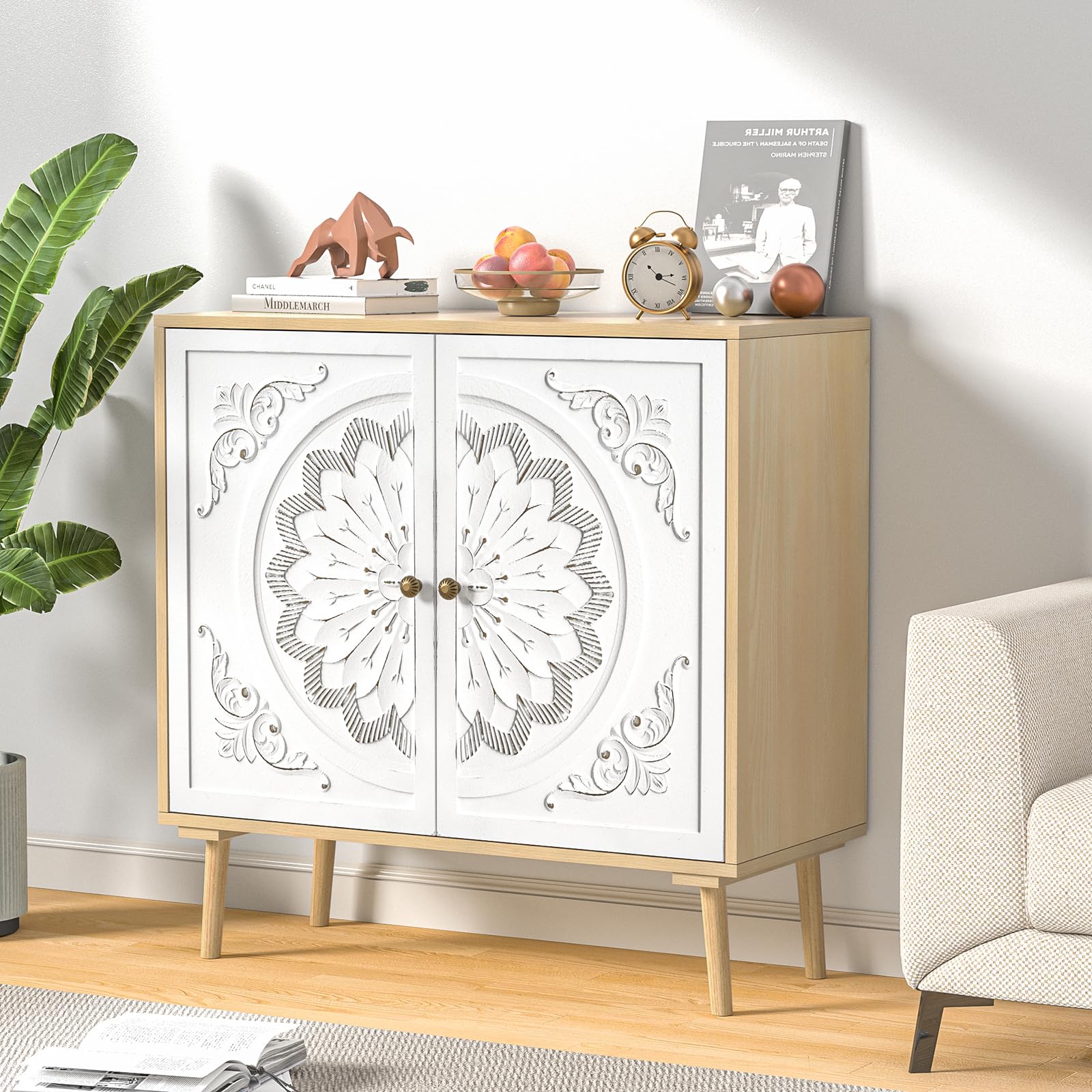 Carved Accent Cabinet with Doors, Kitchen Buffet Cabinet Flower Patten