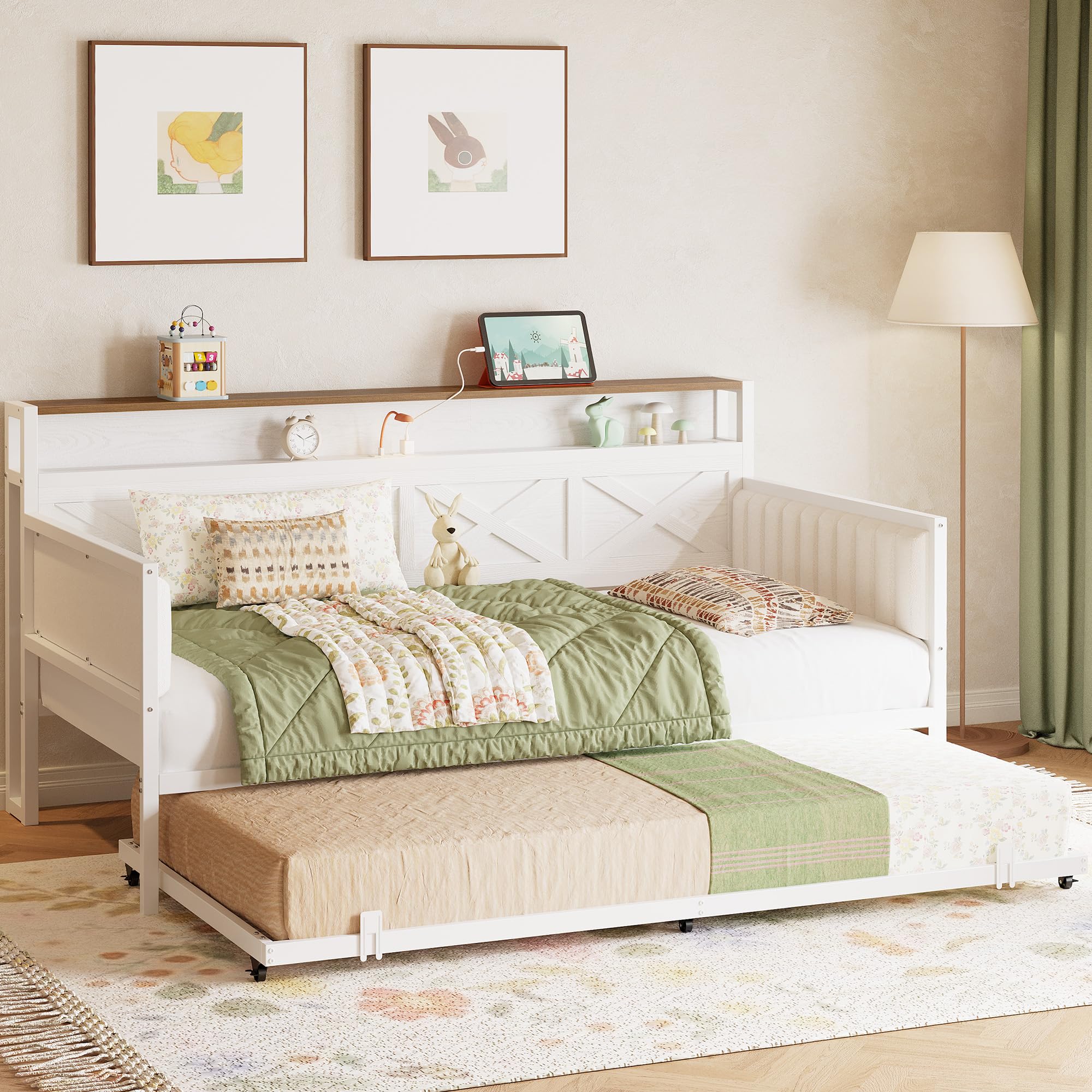Daybed with Trundle, Sturdy Metal Twin Bed Frame with X-Shaped Frame