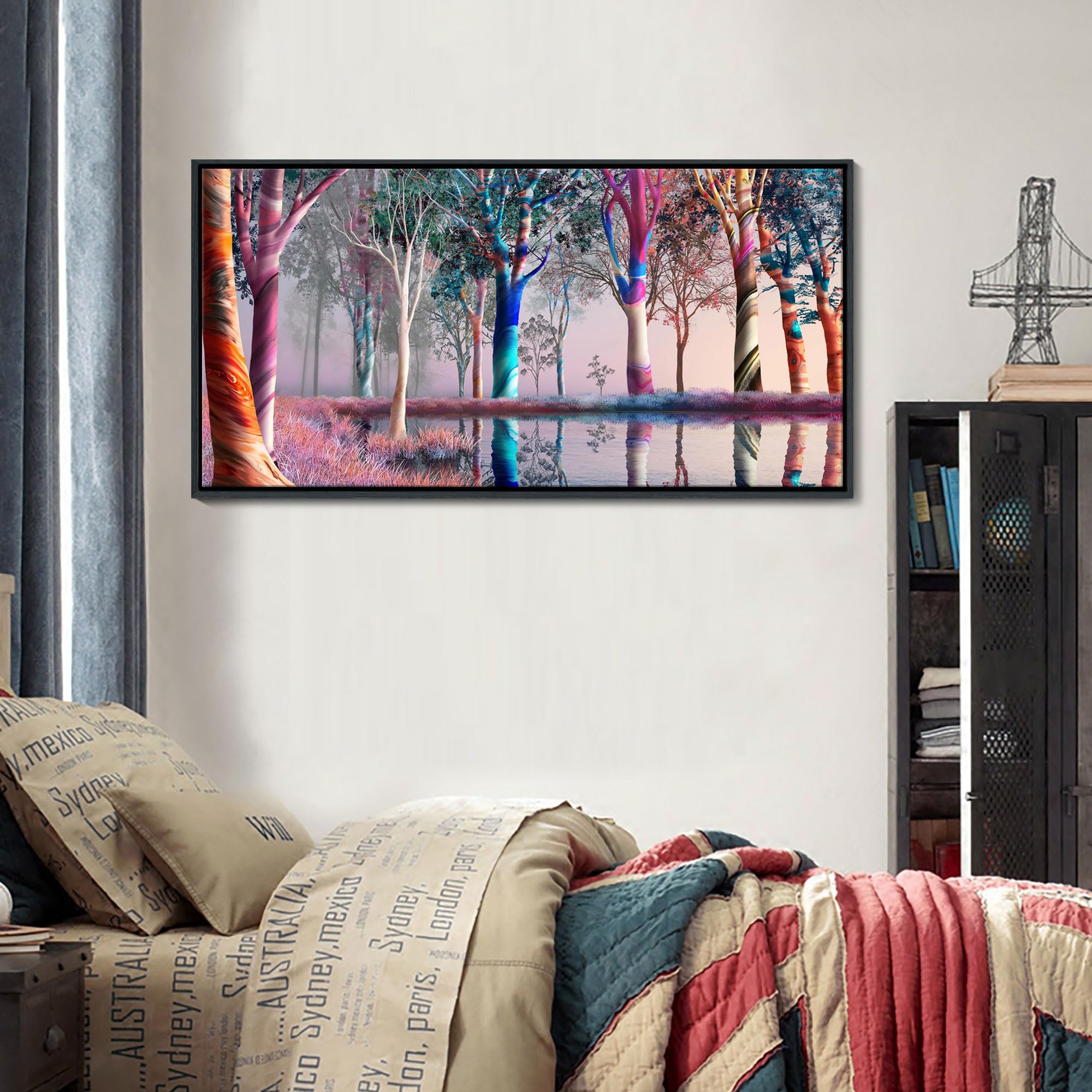 Canvas Wall Art - Fantasy Wooded Wild Lakes Red Pink Room Decor Rainbow Artwork Framed Picture for Living Room Bedroom Paintings Decoration