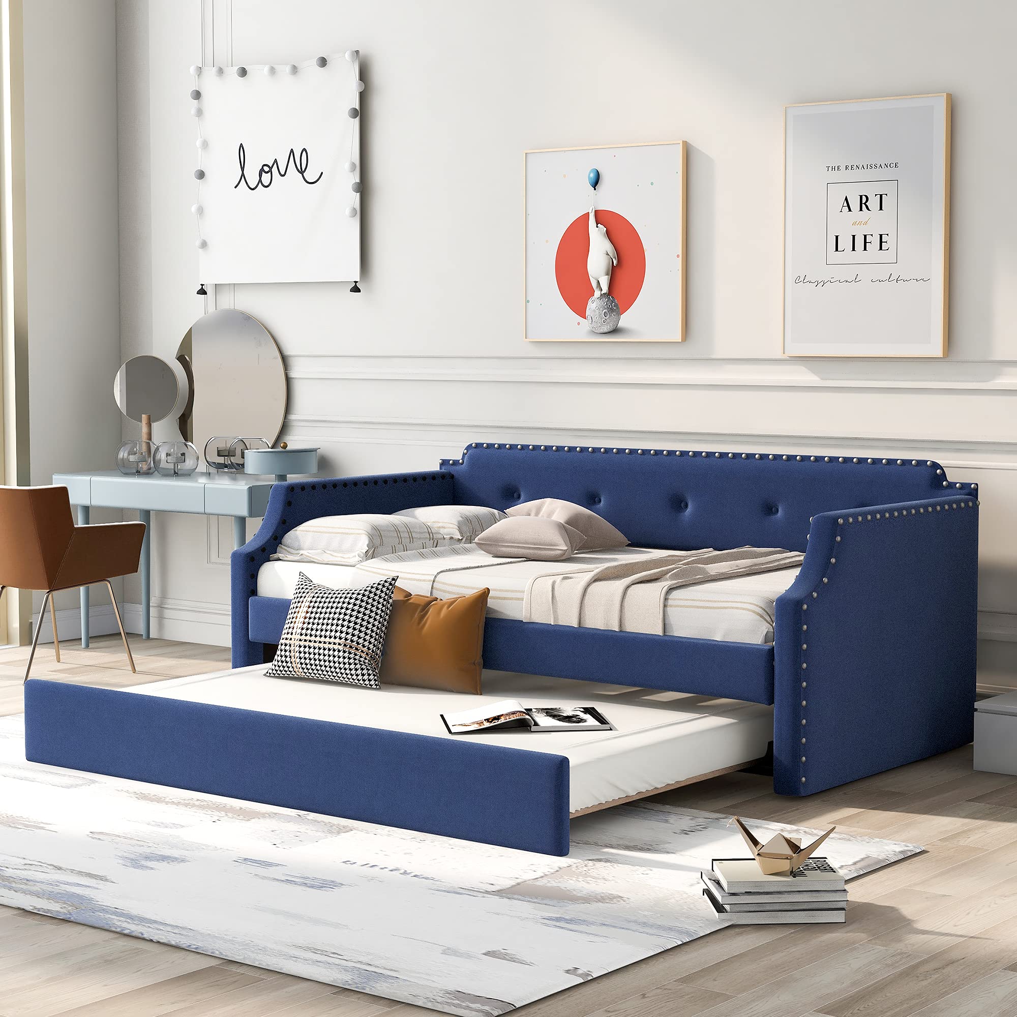 Upholstered Daybed with Trundle, Wood Slat Support,Upholstered Frame Sofa Bed, Twin