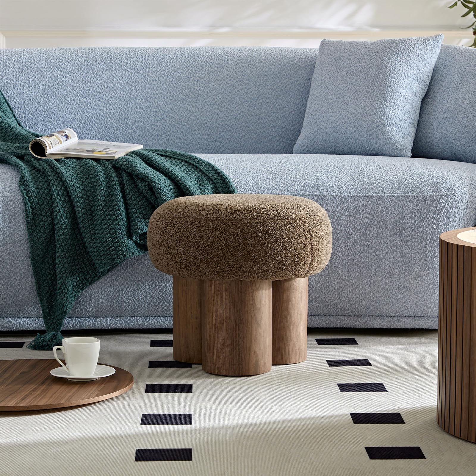 Round Mushroom Ottoman Foot Stool, Boucle Ottoman, Ottomans and Poufs
