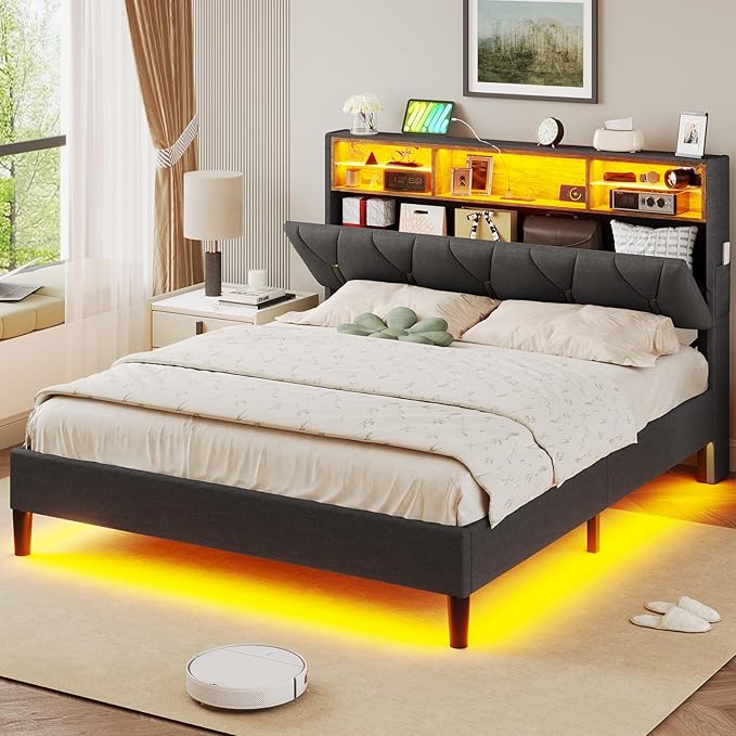 Full Size Bed Frame with Led Lights and Storage Headboard, LED Bed Frame with Charging