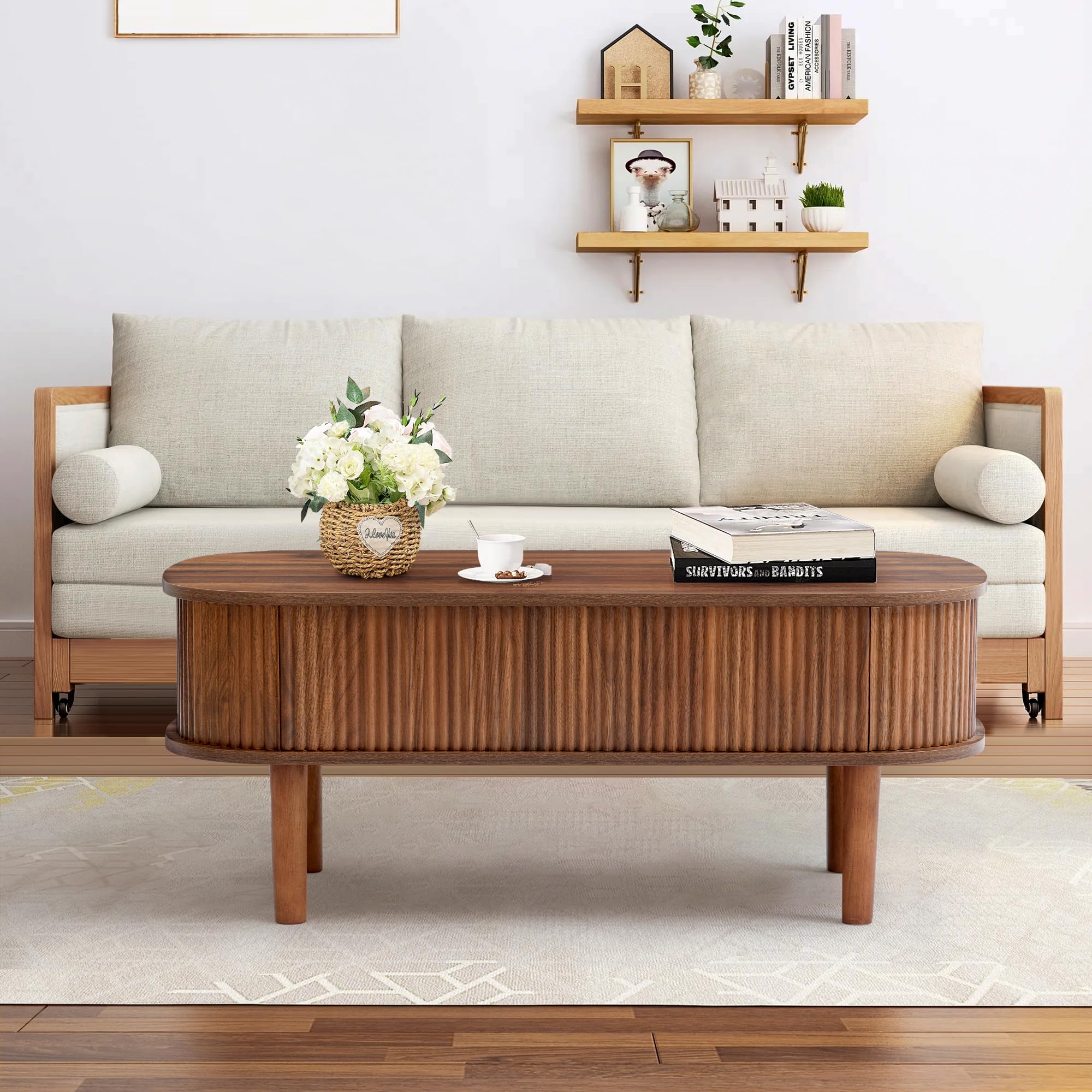 Fluted Lift Top Coffee Table with Hidden Compartment, Fully Assembled Wooden Center