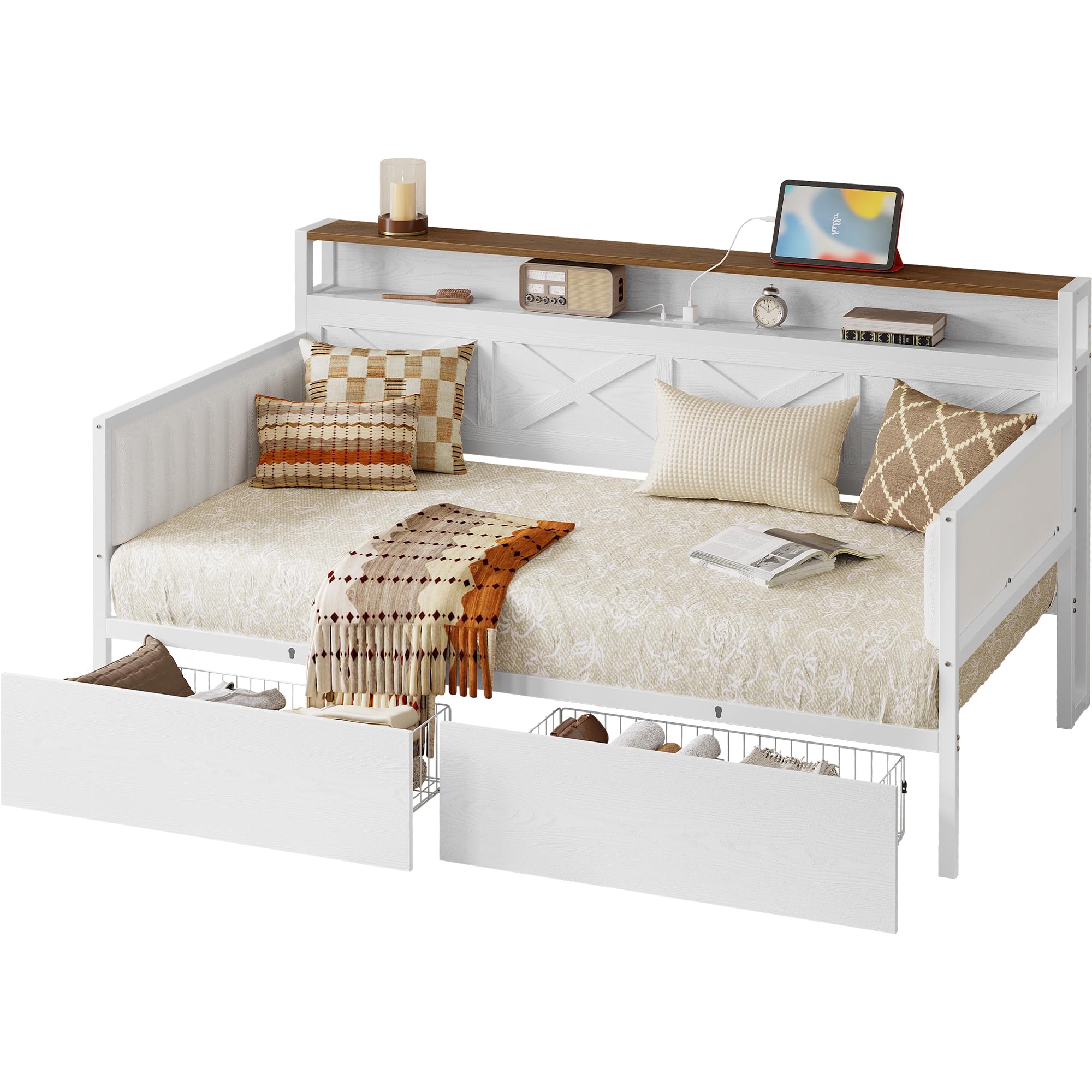 Twin Size Daybed with Storage Drawers, Sturdy Metal Bed Frame with X-Shaped Headboard