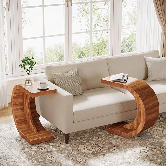C-Shaped End Table Set of 2, Rustic Compact Side Table for Couch