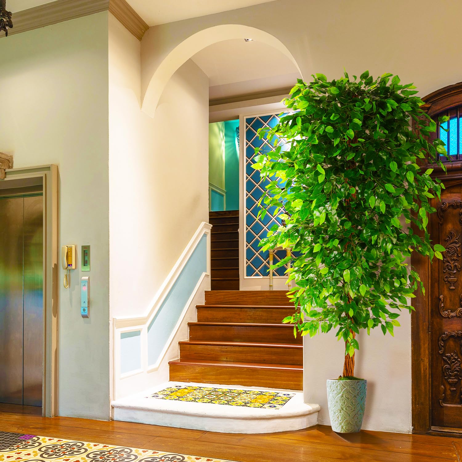 7ft Artificial Ficus Silk Tree (82in) with Plastic Nursery Pot Faux Tree, Fake Plant
