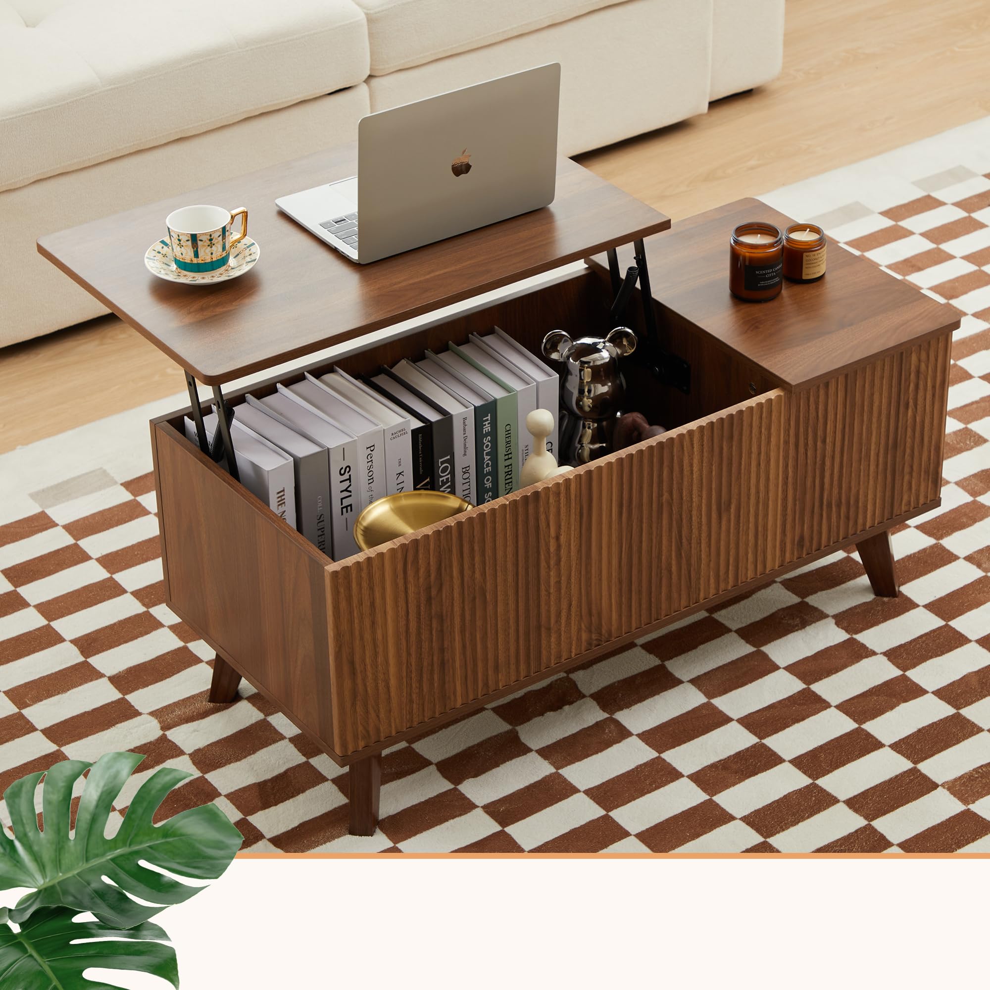 Wooden Fluted Lift Top Coffee Table with Hidden Compartment, Modern Rectangle Center