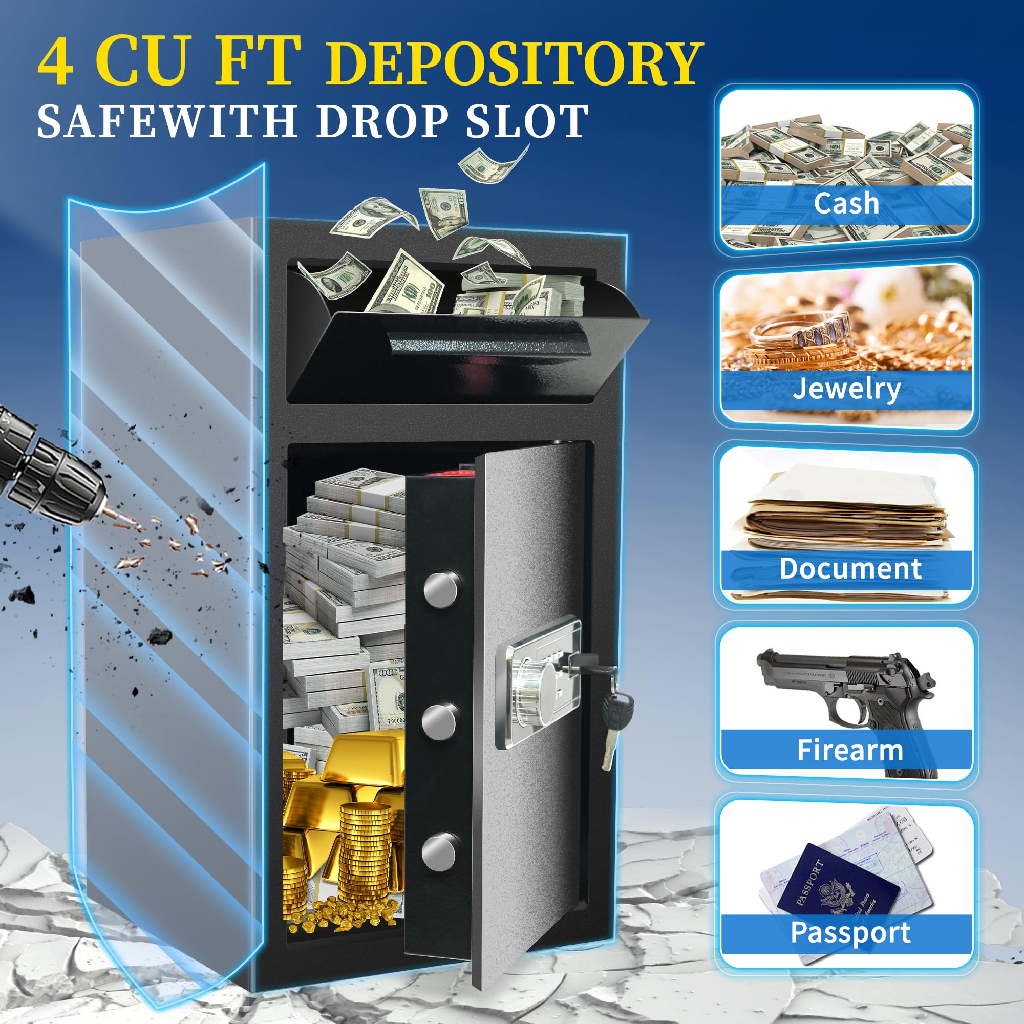 4 Cuft Drop Safe Box for Business, Depository Safe with Drop Slot, Anti-Theft Money Safe with Digital Lock & Key, 2-in-1 Drop Slot Safes for Home Business Use, Cash Document Jewelry Storage (4 CU FT)