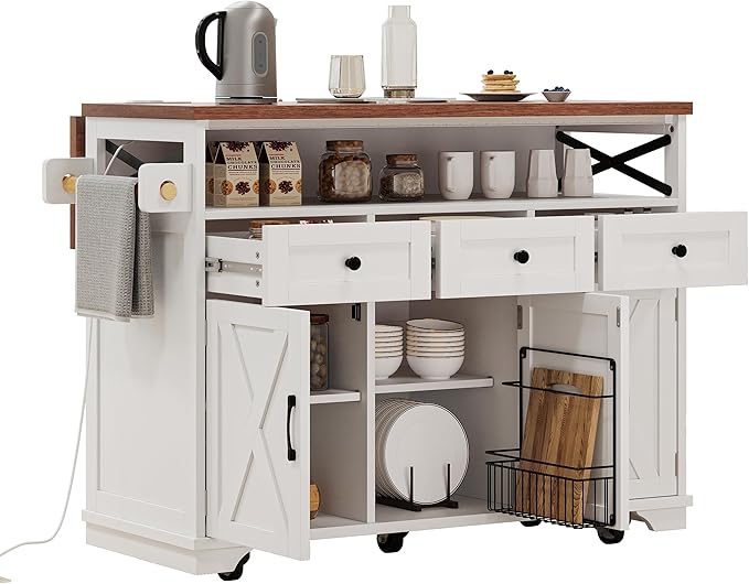 Farmhouse Kitchen Island on Wheels with Drop Leaf Breakfast Bar