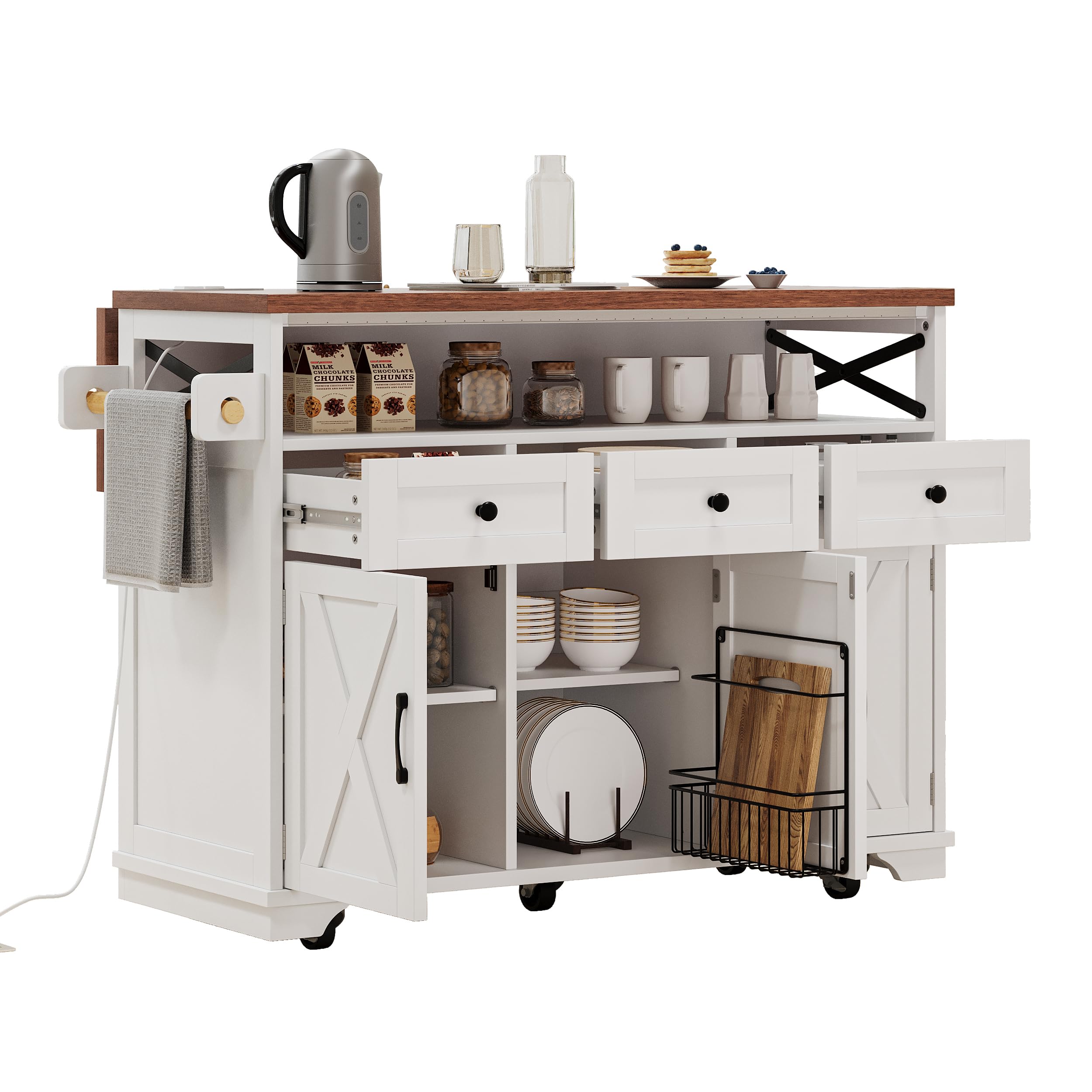 Farmhouse Kitchen Island on Wheels with Drop Leaf Breakfast Bar