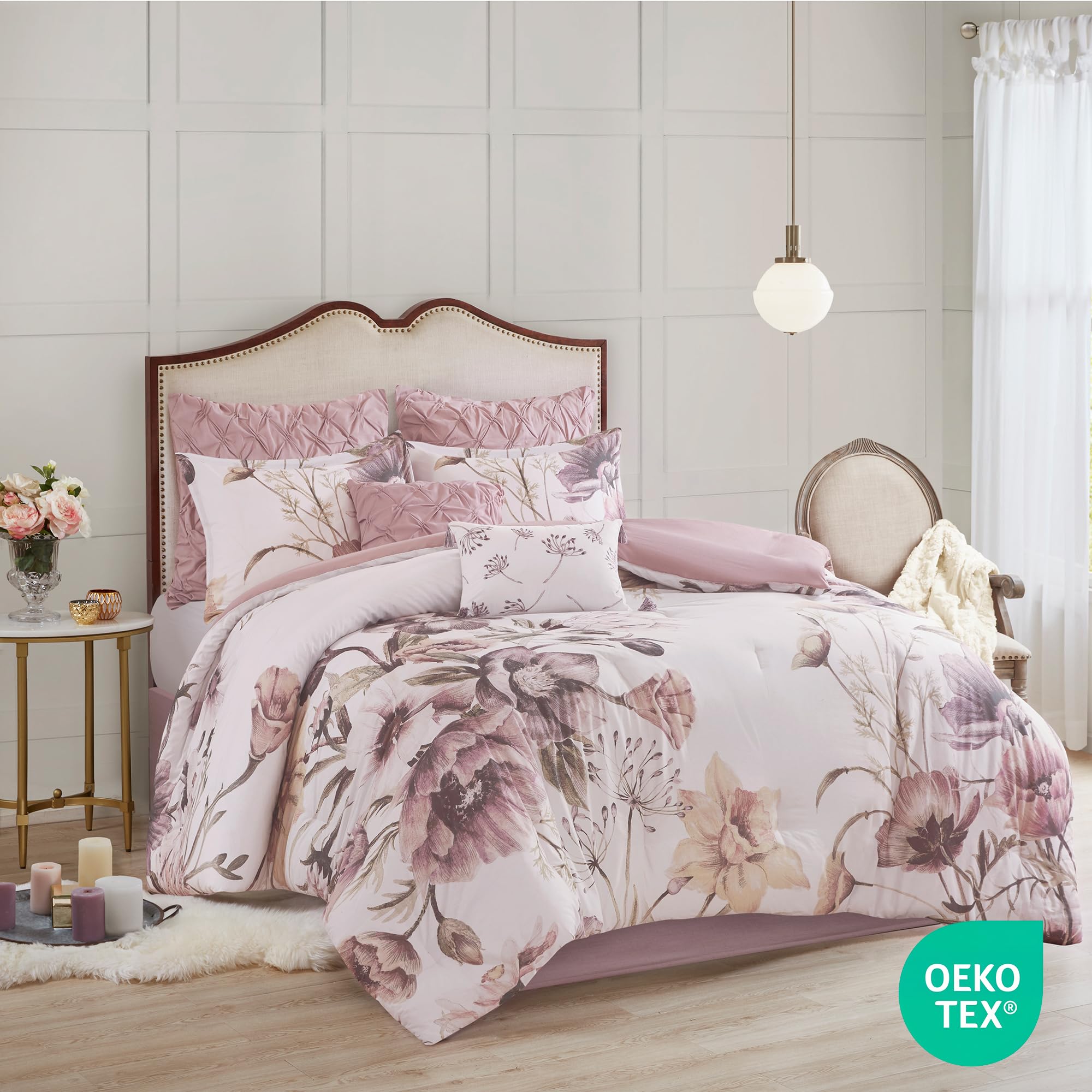 Floral King Comforter Set, Cotton Rich Bedding Set Feminine Design Shabby