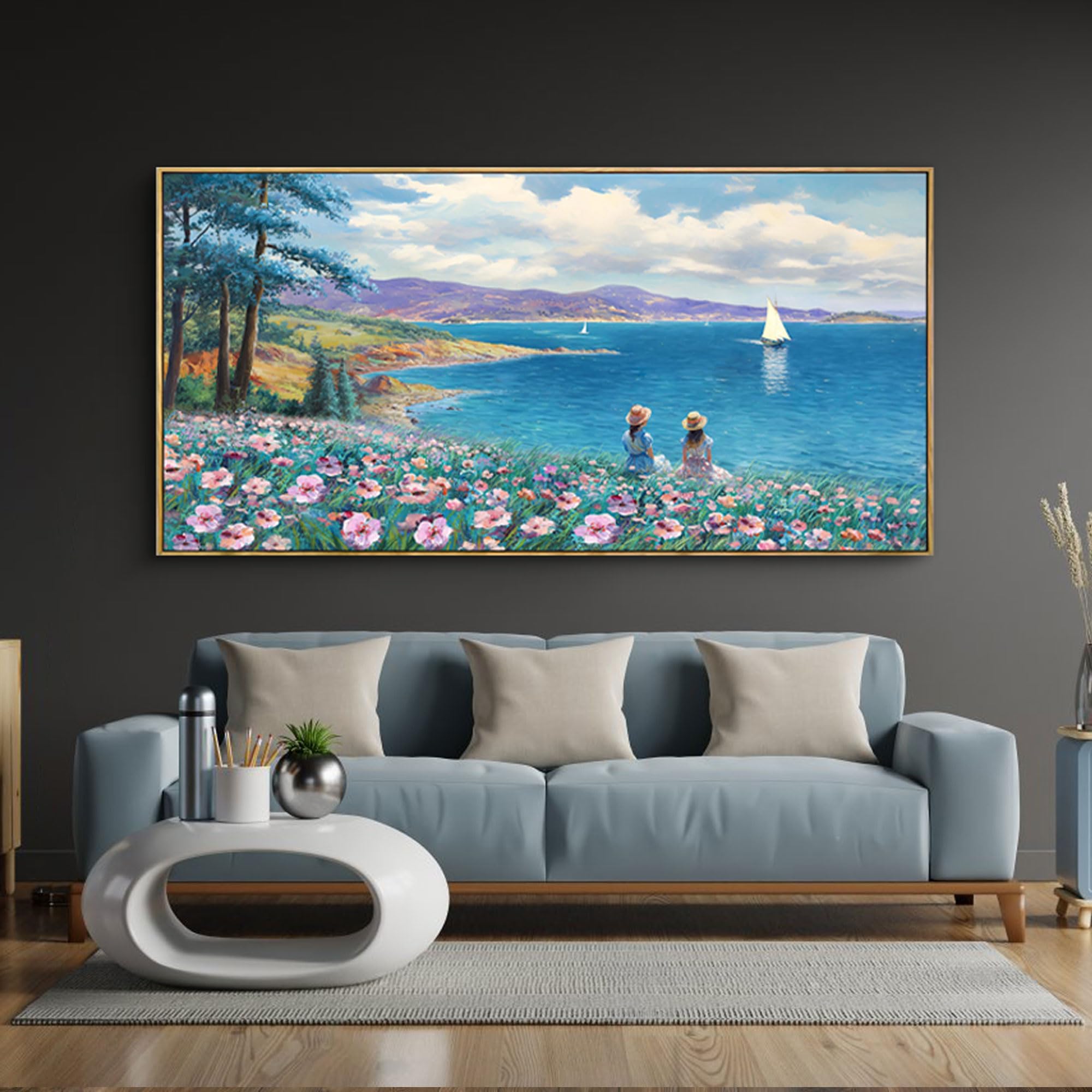 Large Landscape Wall Art - Blue Ocean Pink Flower Sailboat Mountain Tree Wall Decor
