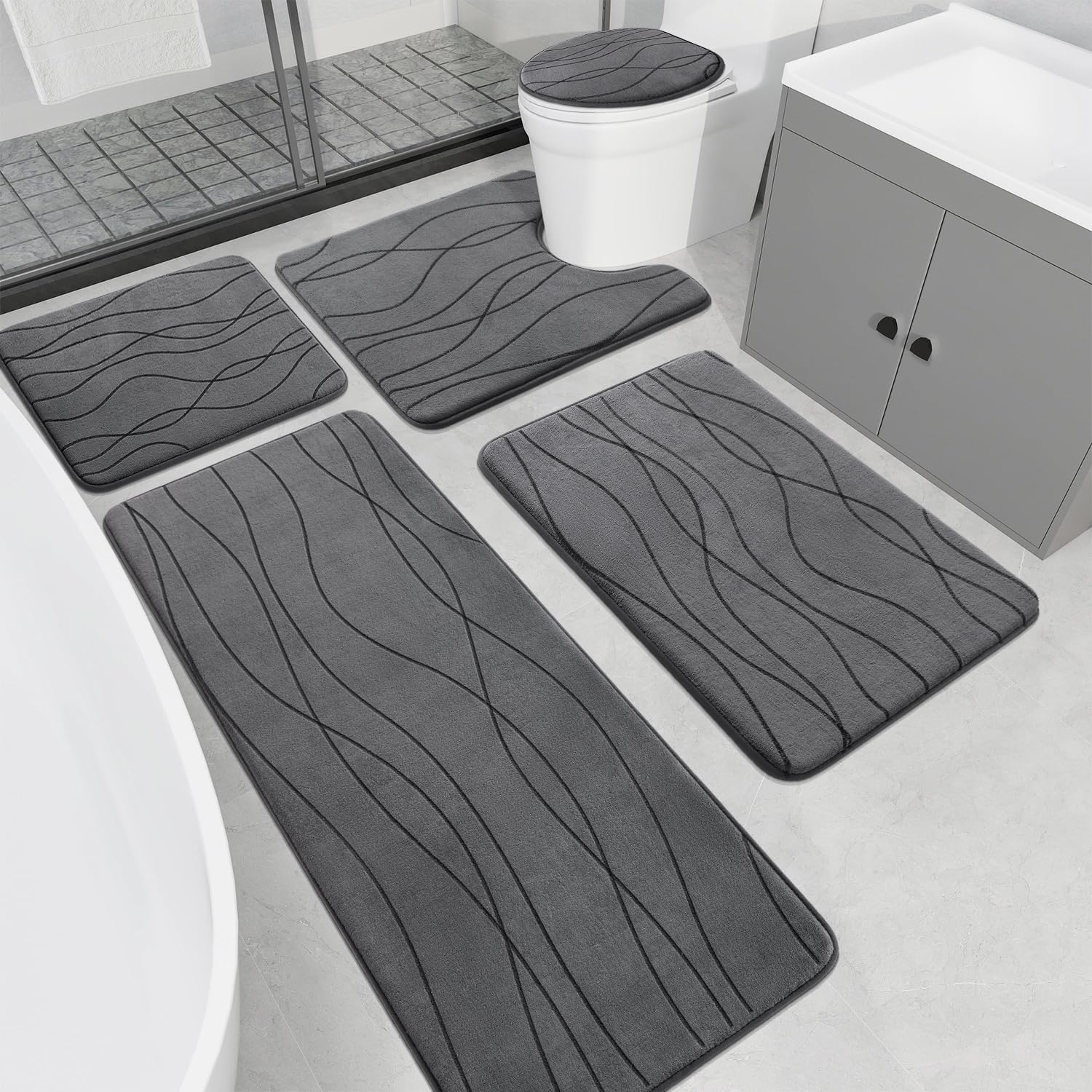 Memory Foam Grey Bathroom Rug Sets 5 Piece