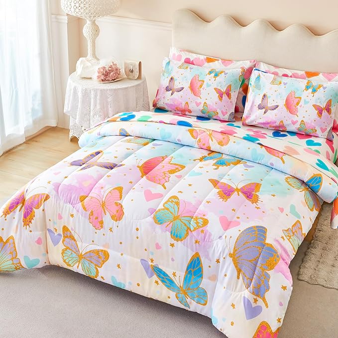 Pcs Girls Bedding Set, Rainbow Watercolor Butterfly Comforter Set Full Size