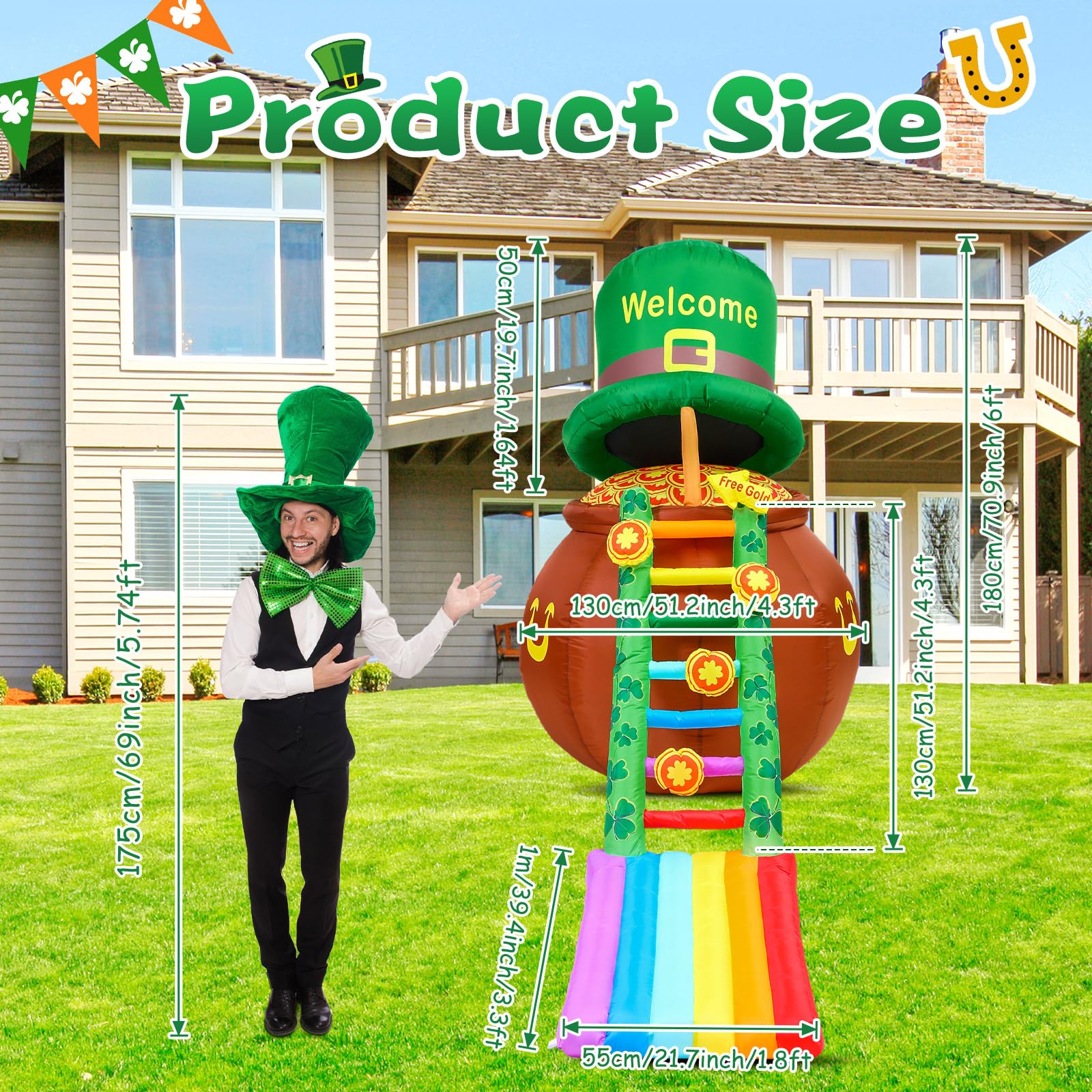 6ft St Patricks Day Inflatable Outdoor Decorations Blow up Leprechaun Trap