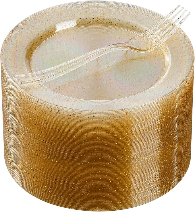 120 Pieces Gold Square Plastic Plates with Forks, Gold Dessert Plates