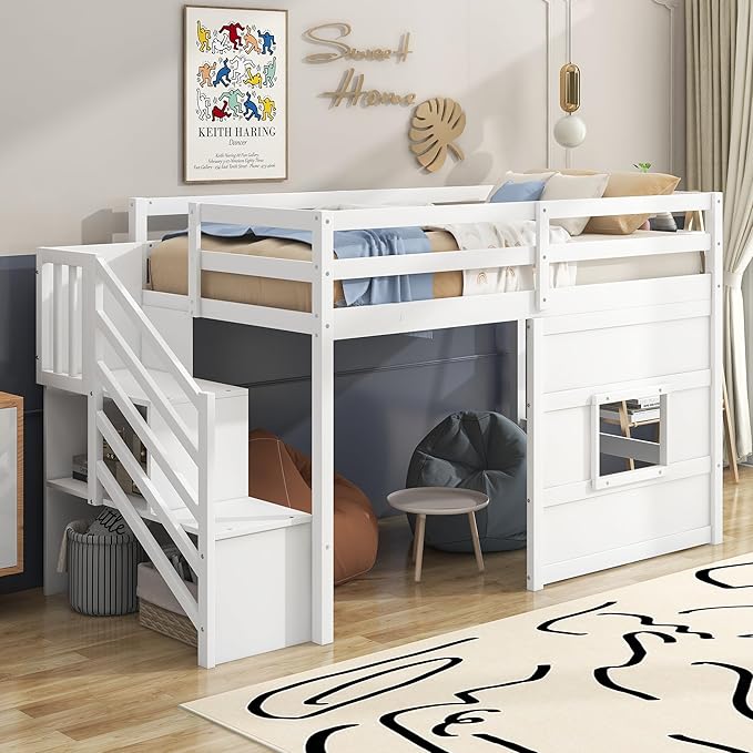 Low Loft Bed with Stairs, Twin Size Storage Loft Bed Frame with Staircase and Window