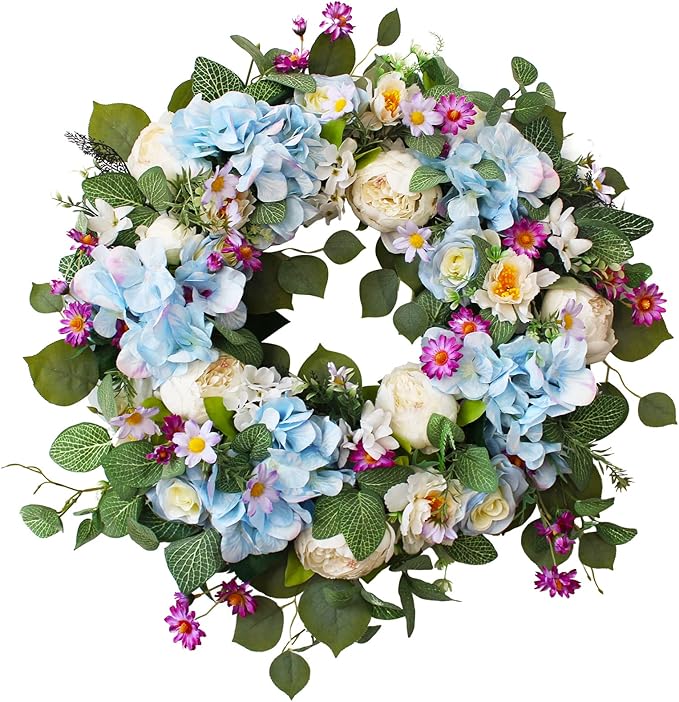 24 Inch Summer Wreaths for Front Door, Summer Wreath,Blue Hydrangea Wreath
