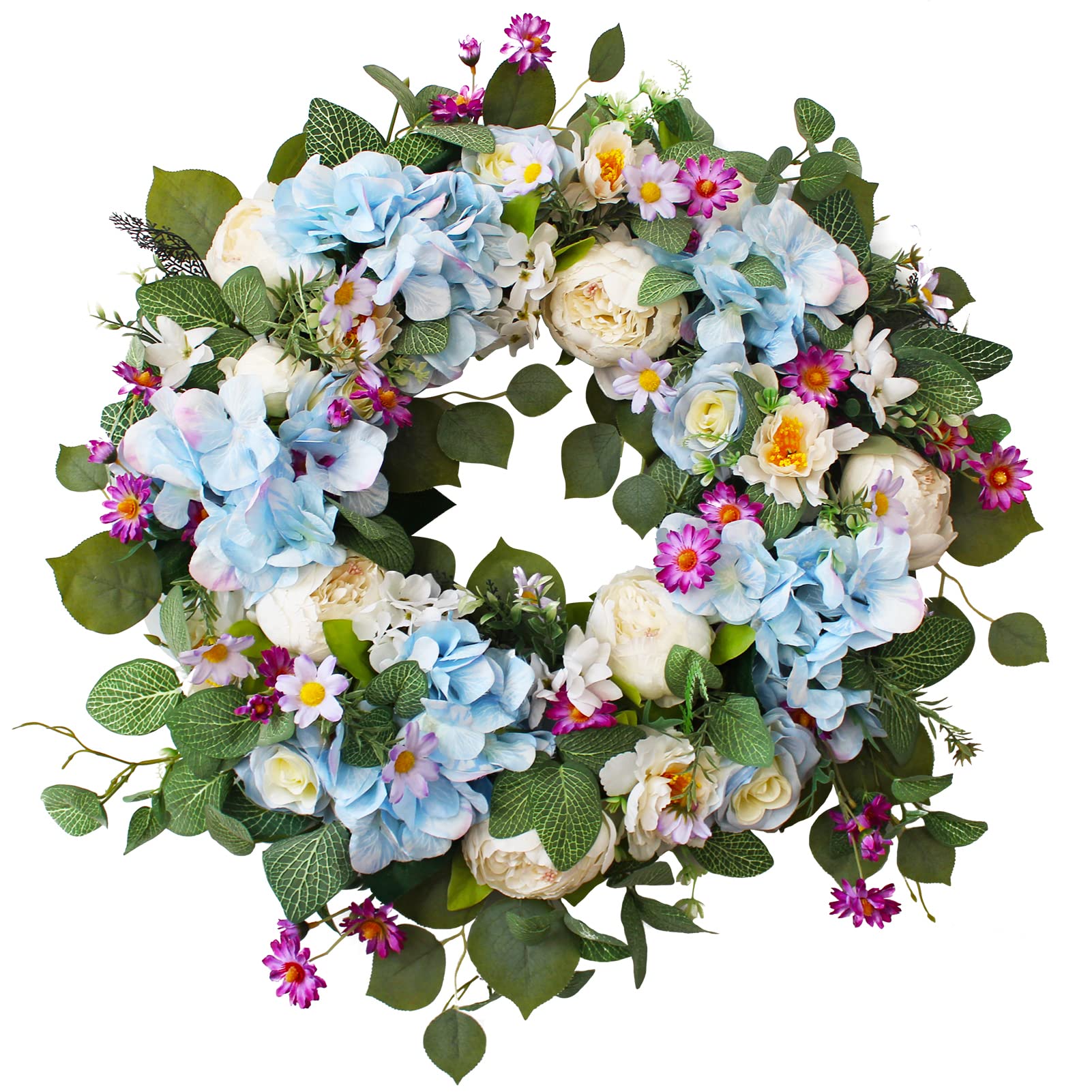 24 Inch Summer Wreaths for Front Door, Summer Wreath,Blue Hydrangea Wreath