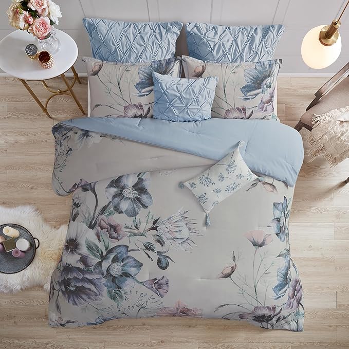 Floral King Comforter Set, Cotton Rich Bedding Set Feminine Design Shabby