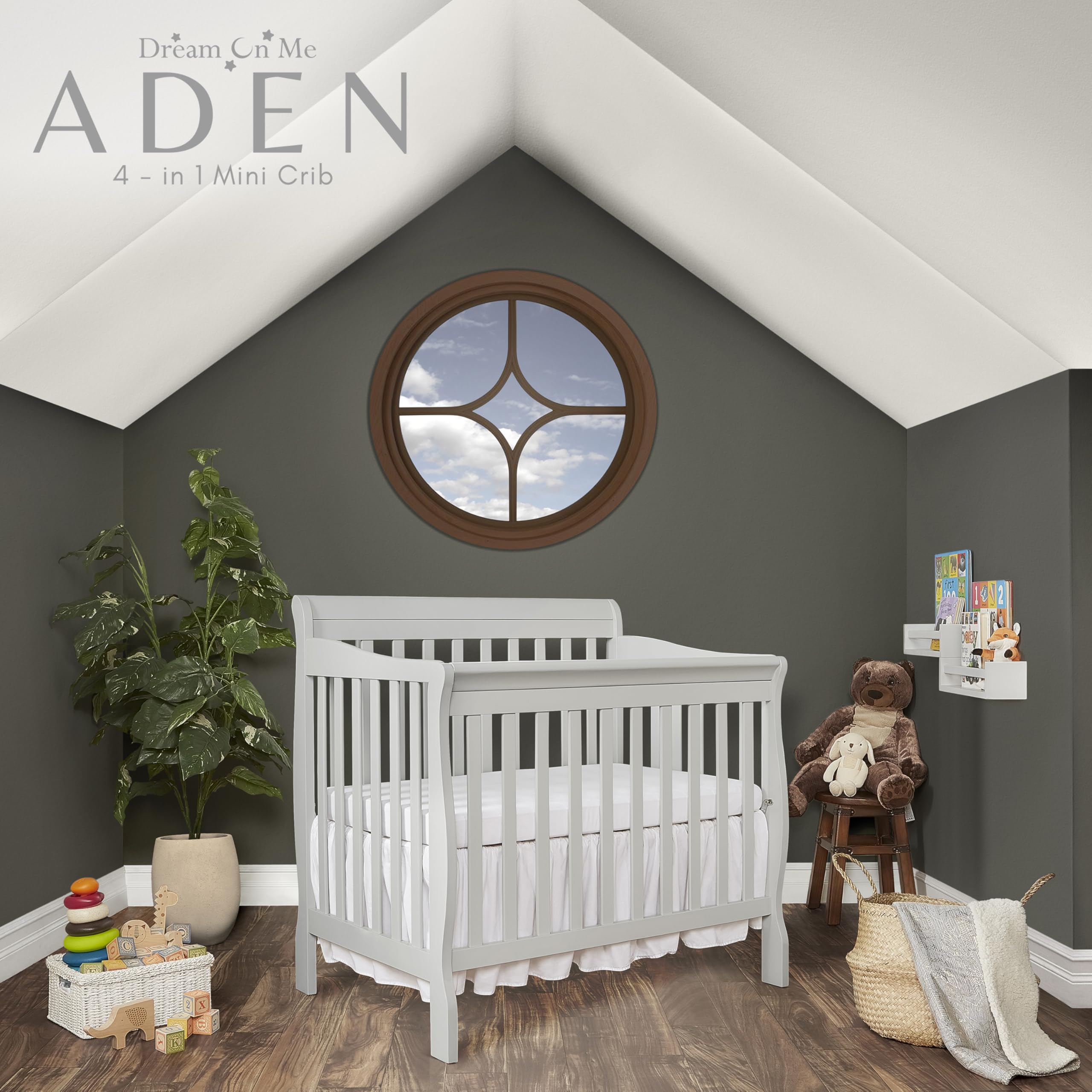 Aden 4-in-1 Convertible Mini Crib In Grey, Greenguard Gold Certified, Non-Toxic Finishess
