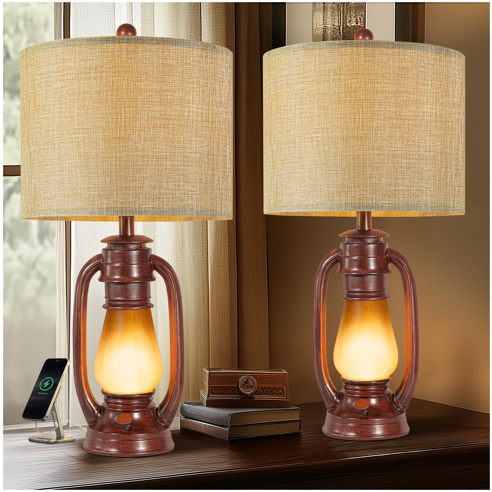 Lamps Set of 2 for Bedroom, Rustic Bedside Lamps with Nightlight, Farmhouse