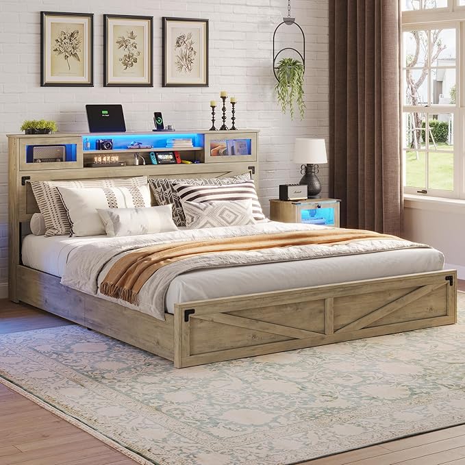Farmhouse Bed Frame Queen Size with Bookcase Headboard and 2 Drawers