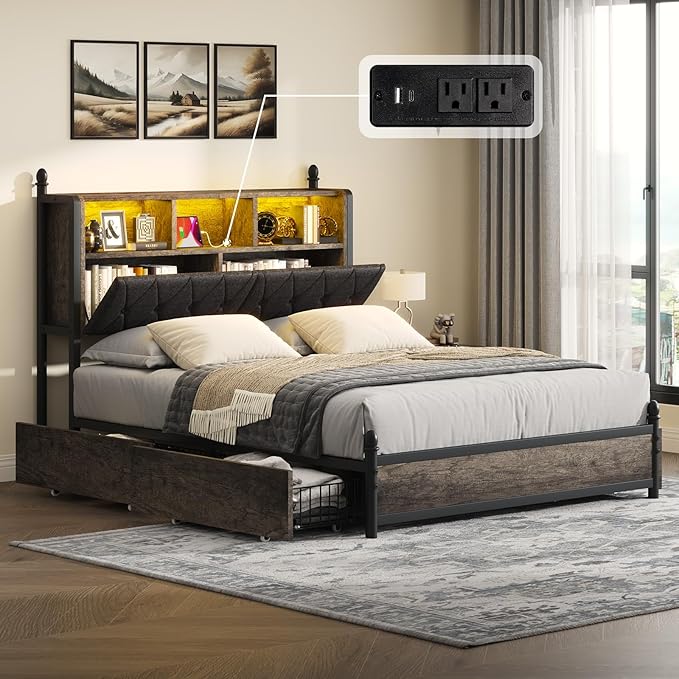 Queen Bed Frame with 3-Tier Storage Headboard