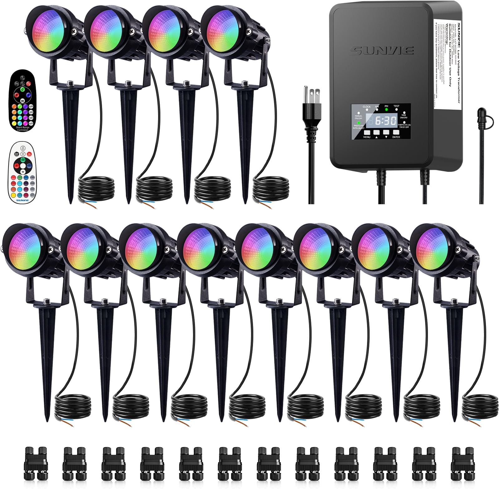 12 Pack RGBW Color Changing Landscape Lights with 300W Low Voltage Landscape