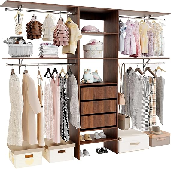 96 inch Closet System with 3 Drawers, 4 Hanging Rods, and 4 Shelving