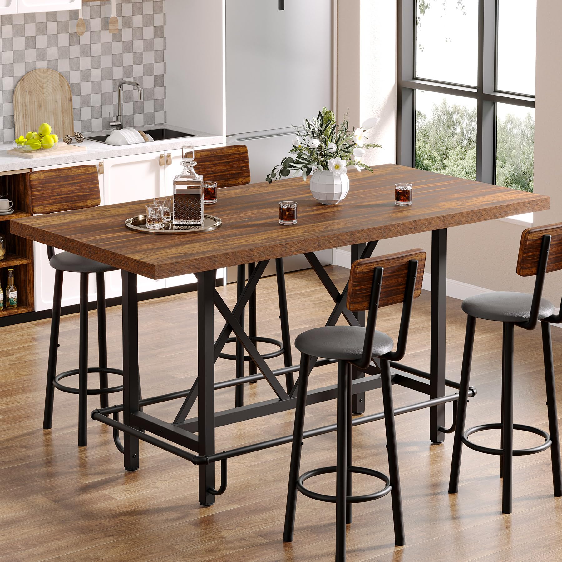 Bar Table, Industrial Counter Height Pub Table with Metal Footrest