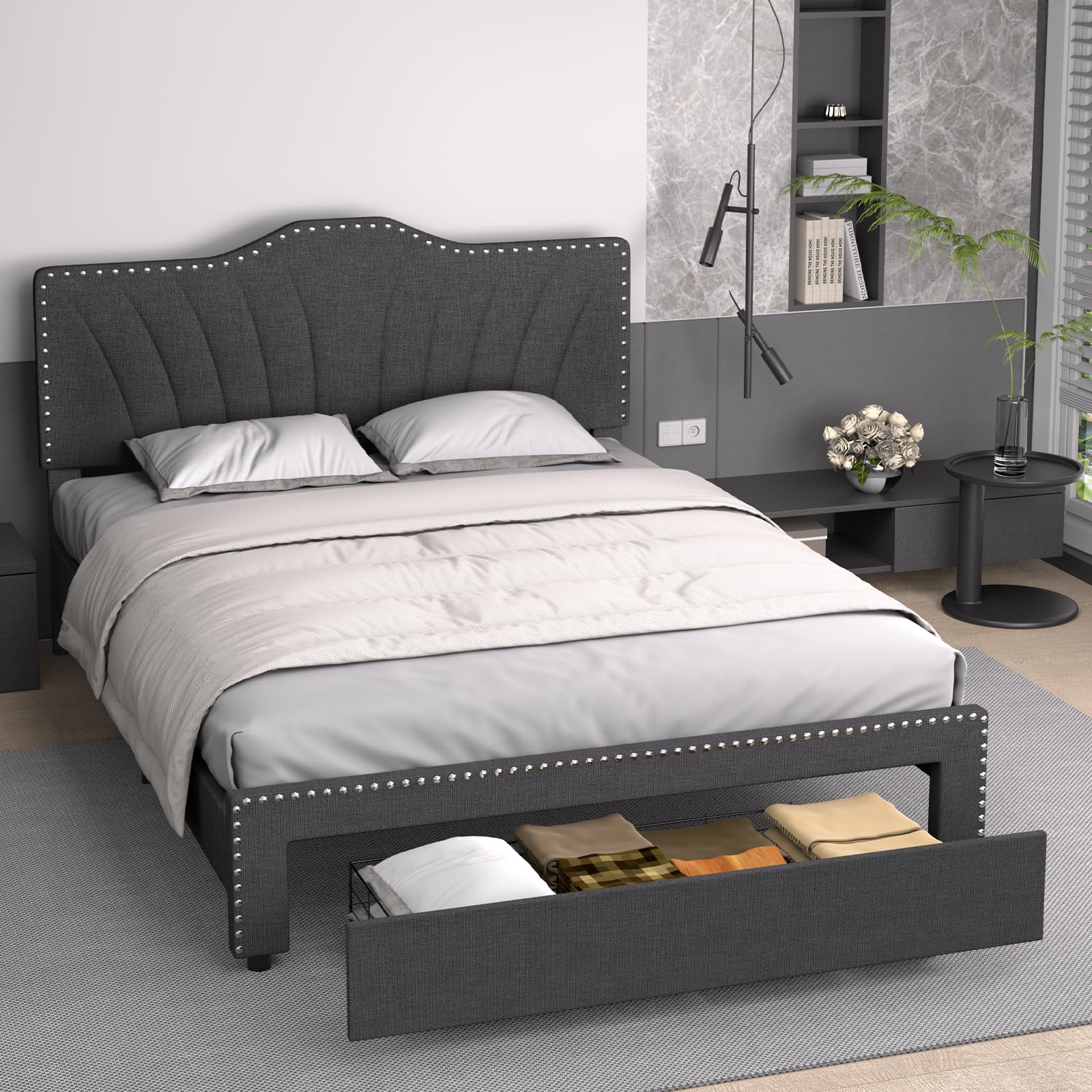 Queen Size Platform Bed Frame with Storage, Fully Upholstered Headboard and Footboard