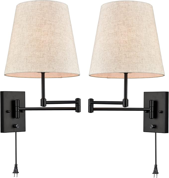 Swing Arm Wall Lamp Brass Wall Sconces with Linen Shade | Plug-in or Hardwired