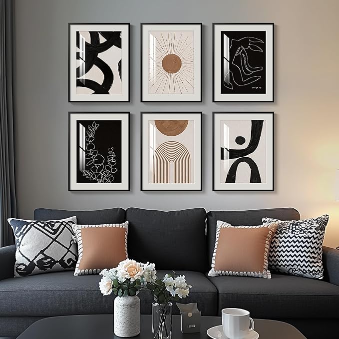 Framed Black and White Abstract Wall Art, 6 Pieces Modern Prints Paintings Artwork
