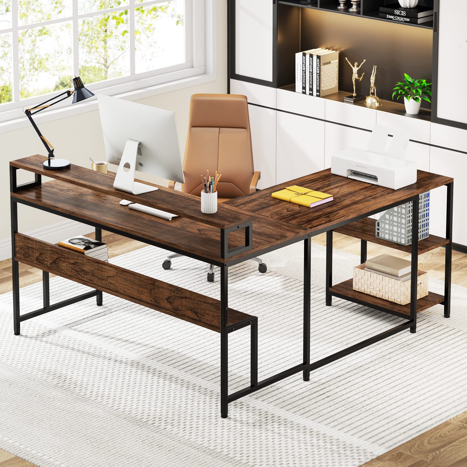 L Shaped Desk with Shelves, 59" Large Corner Computer Desk with Monitor Shelf