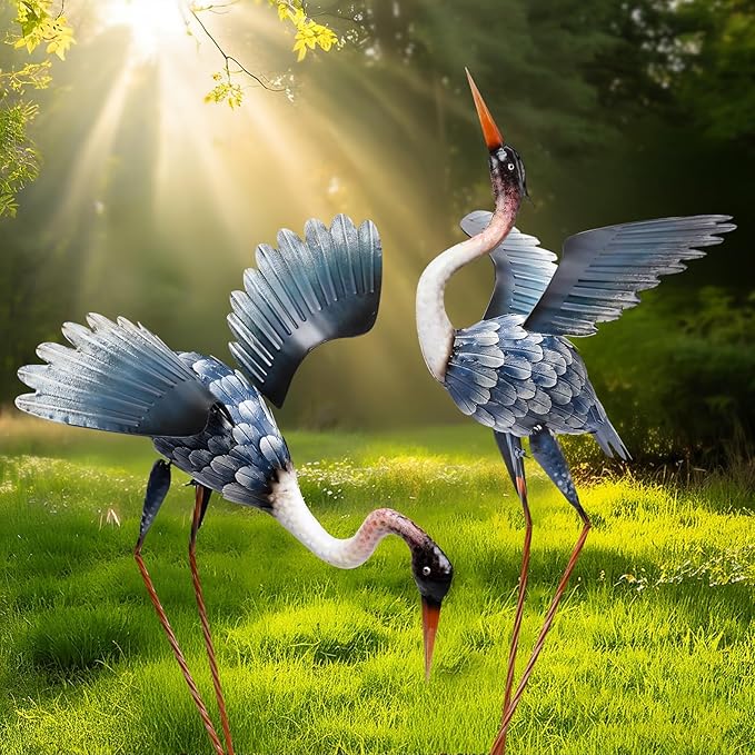 Crane Garden Statues for Outside, 2 Pack Blue Heron Garden Sculpture Statue