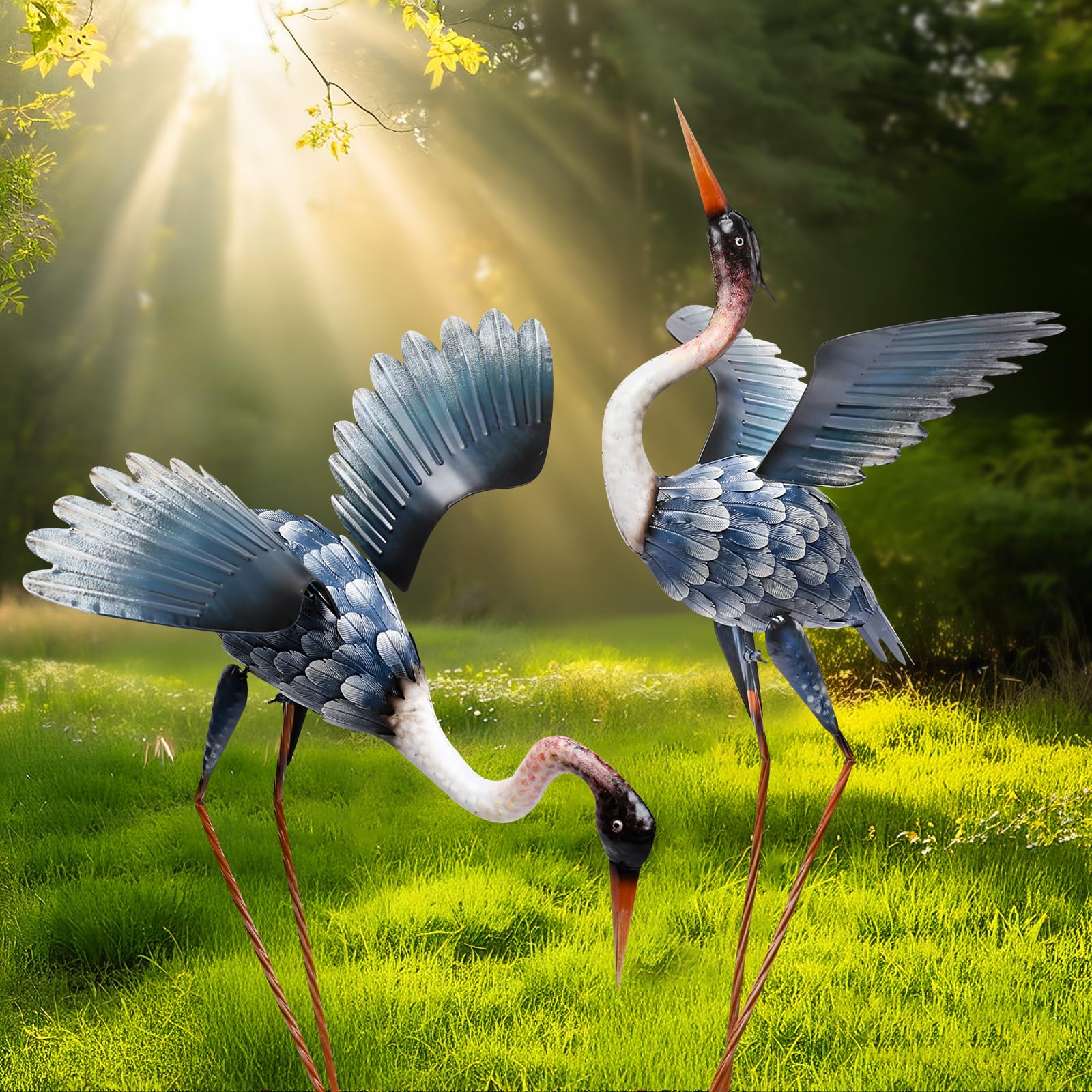 Crane Garden Statues for Outside, 2 Pack Blue Heron Garden Sculpture Statue