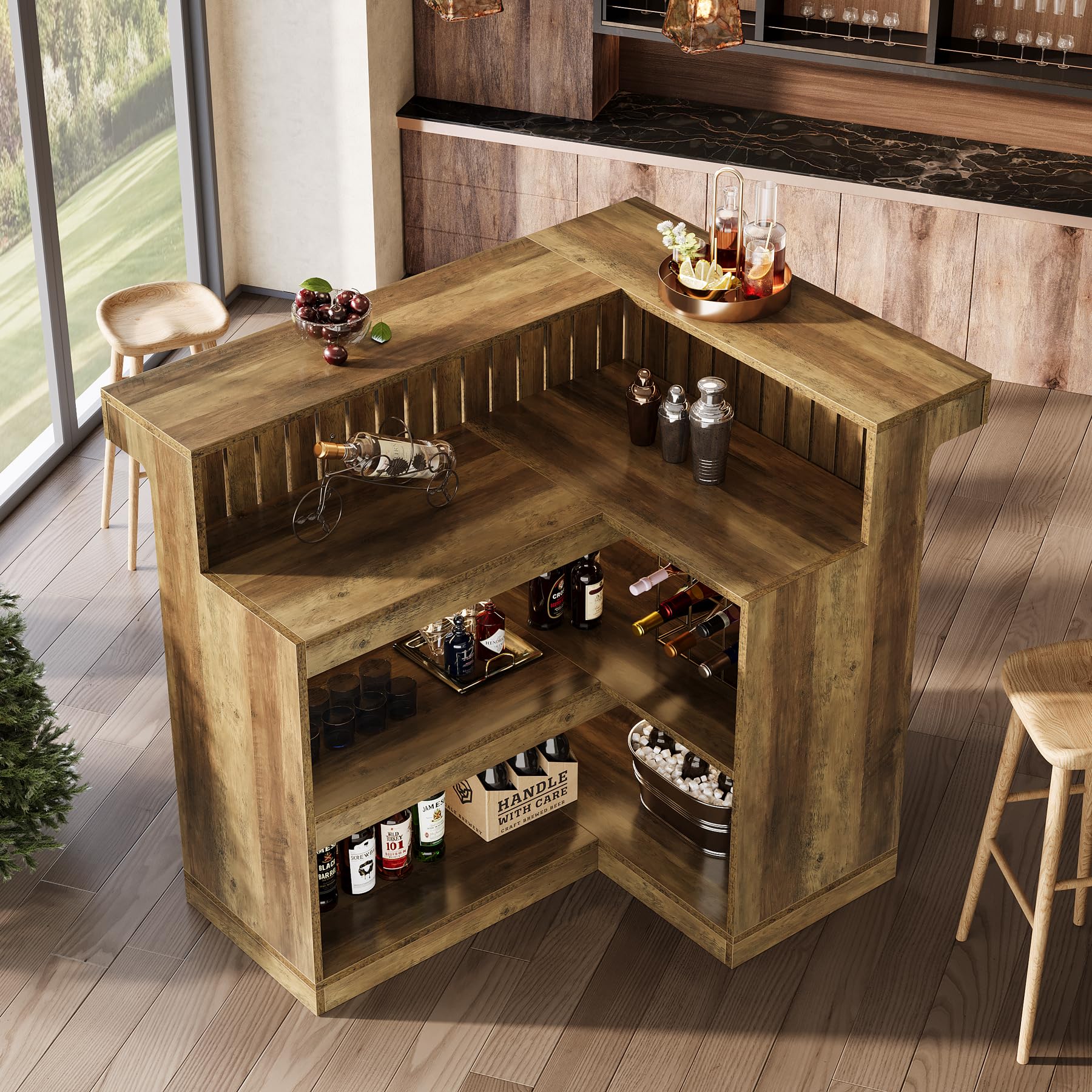L-Shaped Home Bar Unit, 4-Tier Corner Liquor Bar Table with Storage