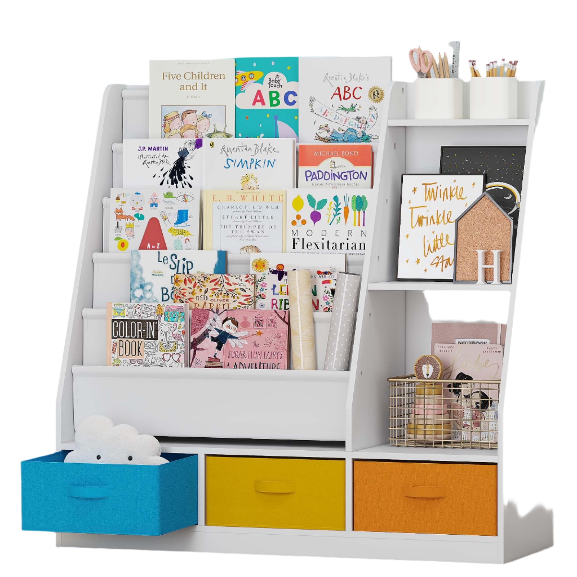 5-Tier Kids Sling Bookshelf with Storage Bins, Wood Children Bookcase