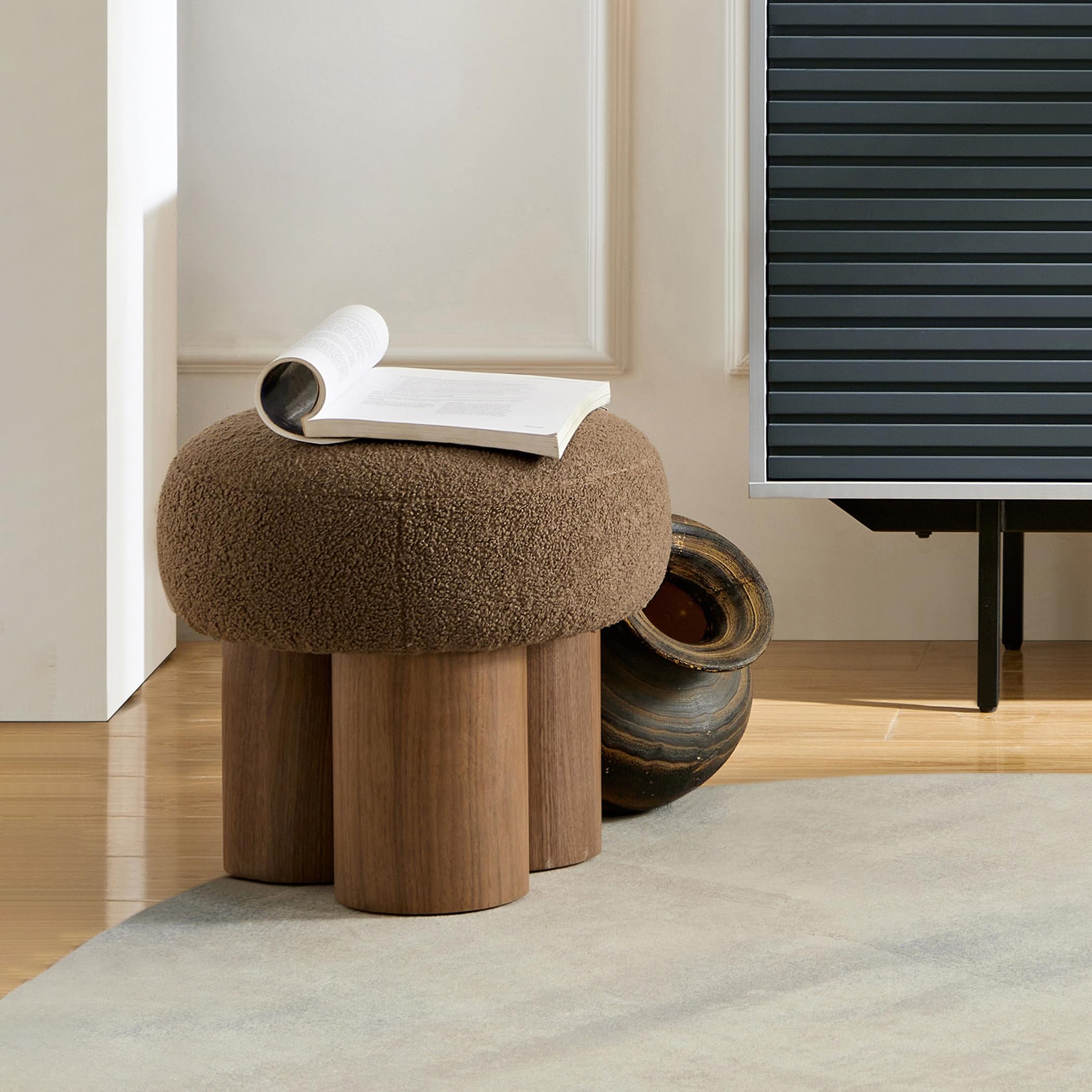 Round Mushroom Ottoman Foot Stool, Boucle Ottoman, Ottomans and Poufs