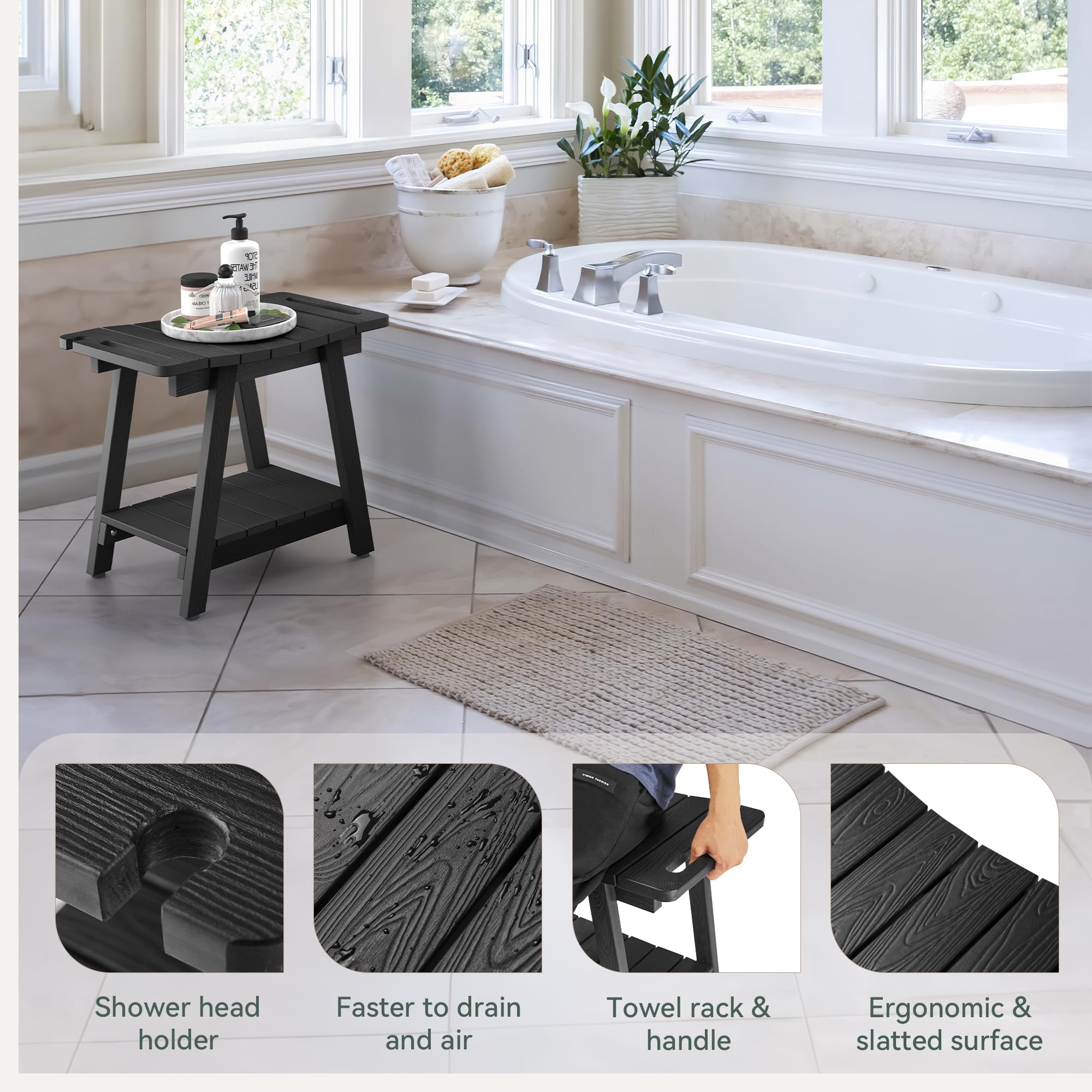 LUE BONA Shower Bench, HDPS Shower Seat with Storage Shelf, Waterproof Shower Chair, Non-Slip Shower Stool for Adults, Elderly, Disabled, Seniors, Large Size, Black