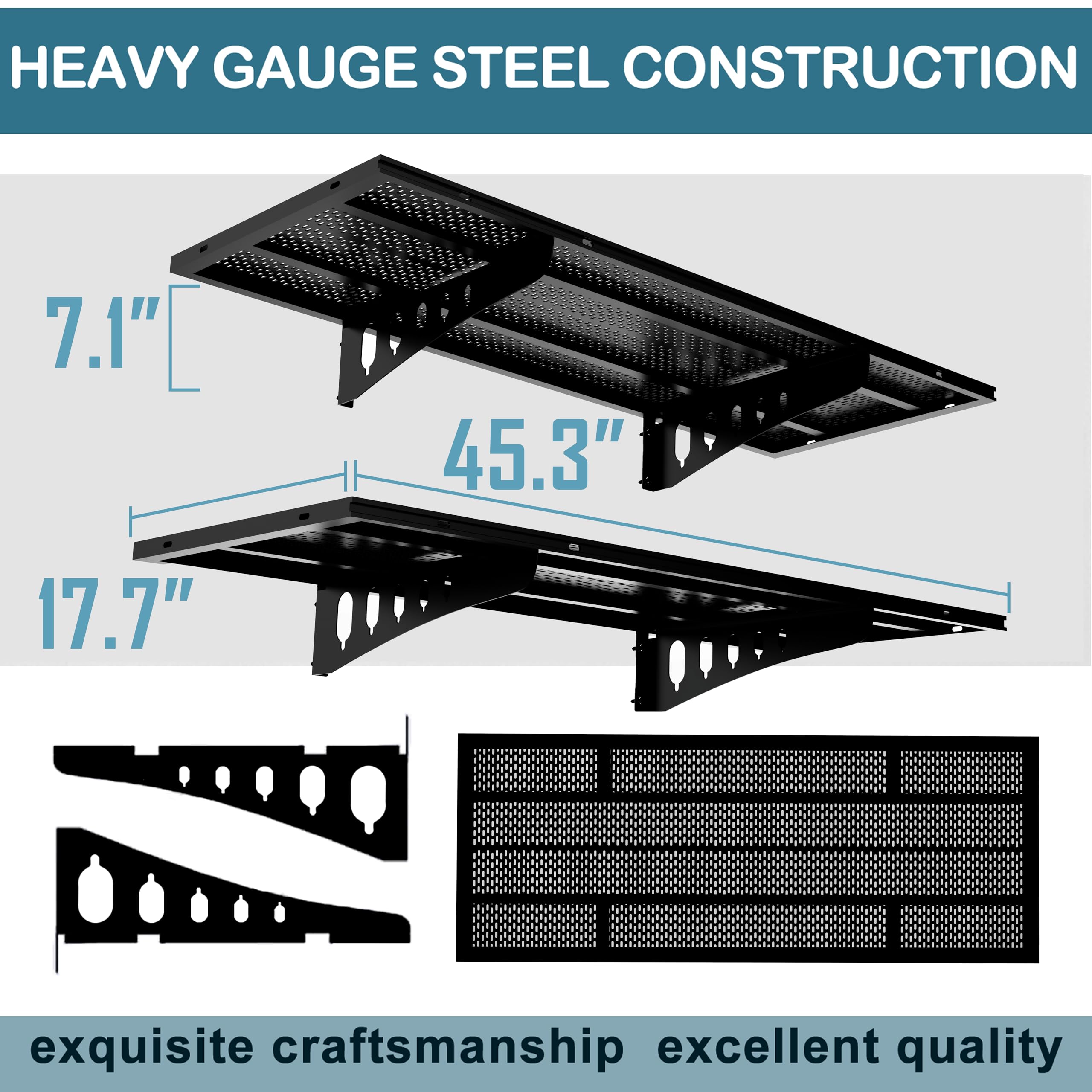 oottmes New 4 Pack Garage Wall Shelving, Heavy Duty 1.5' x 3.8' Wall Mount Storage Shelf with Hooks, Garage Storage Rack Floating Shelves, Holds 250 lbs Each