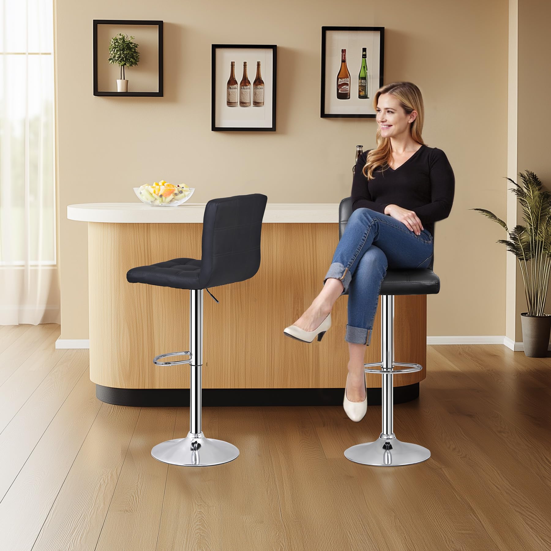 4 Adjustable Swivel Barstools, Modern PU Leather Kitchen Counter Bar Stools