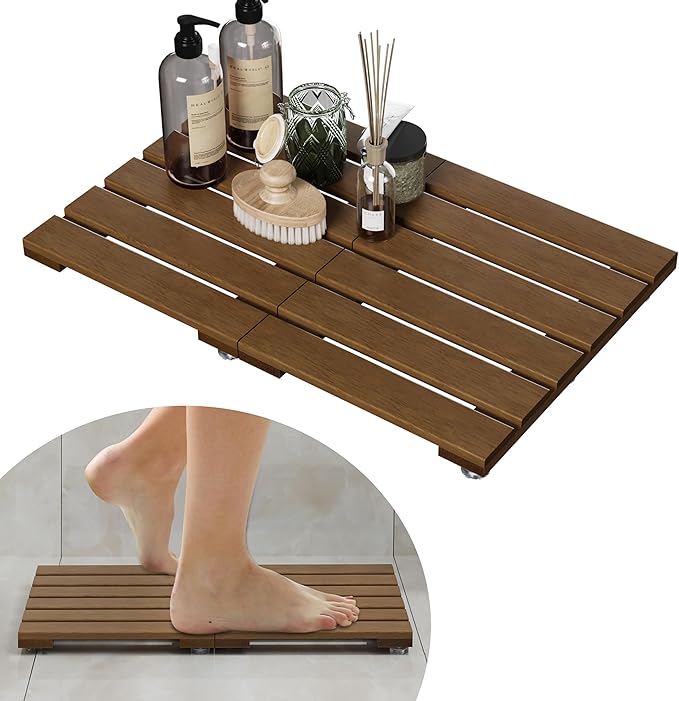 Foldable Teak Wood Bath Mat, 31.5" x 18.1" Shower Mat with Non-Slip