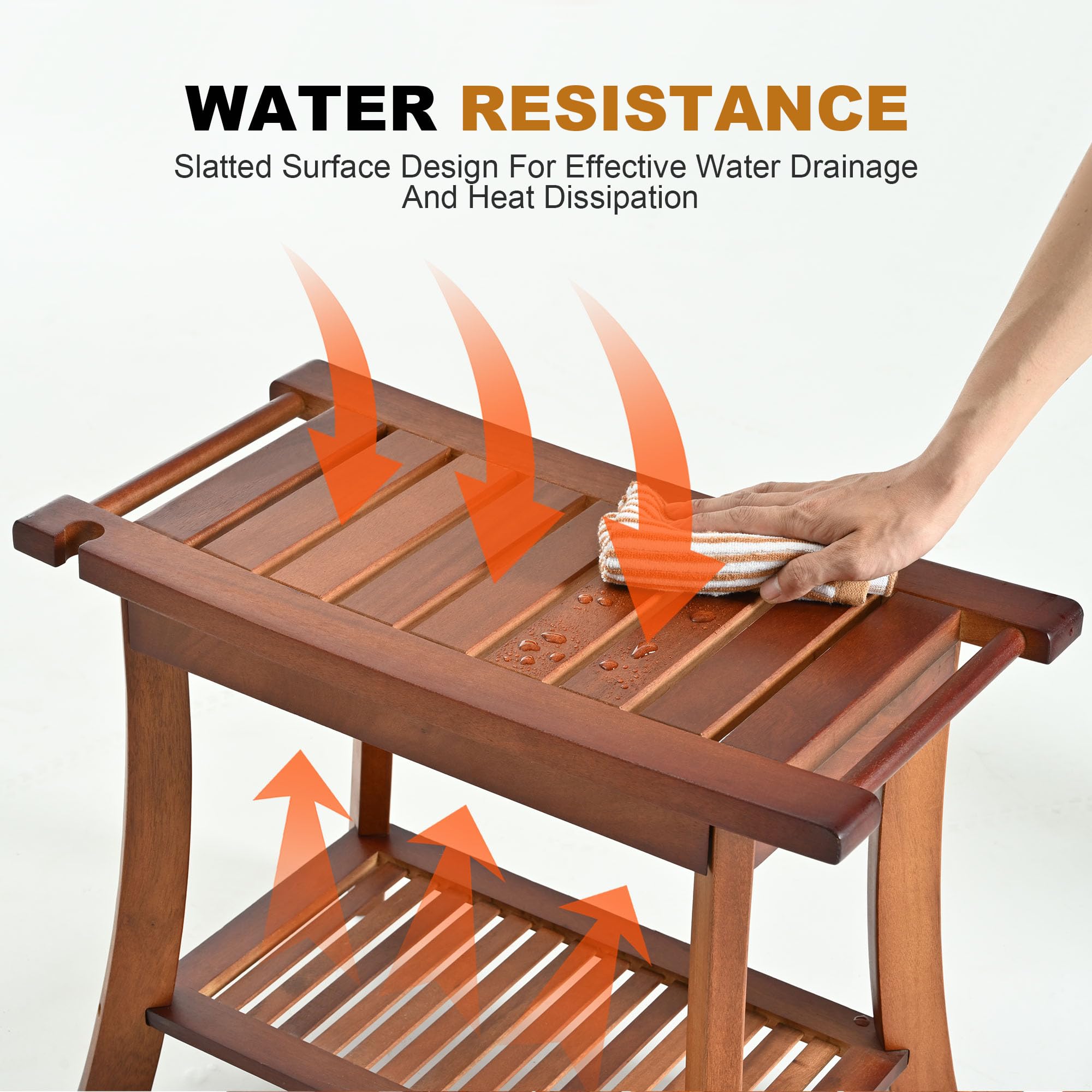 Teak Shower Chair Stool, 24 Inch Shower Bench Seat, Wooden Bathroom Bench with Storage Shelf for Adults, Elderly, Disabled Indoor & Outdoor Use (Walnut)